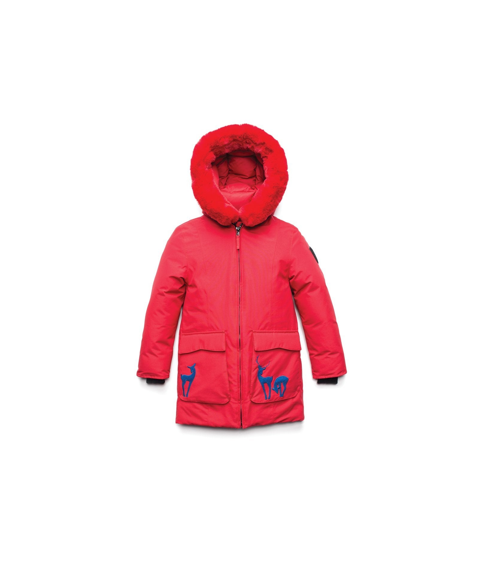 Kid's knee length down filled parka with deer applique detailing on the front patch pockets in Cy Red