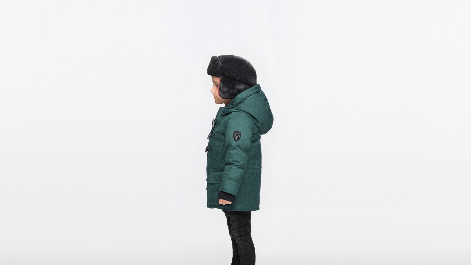 Kid's thigh high down coat with toggle closures in CH Forest