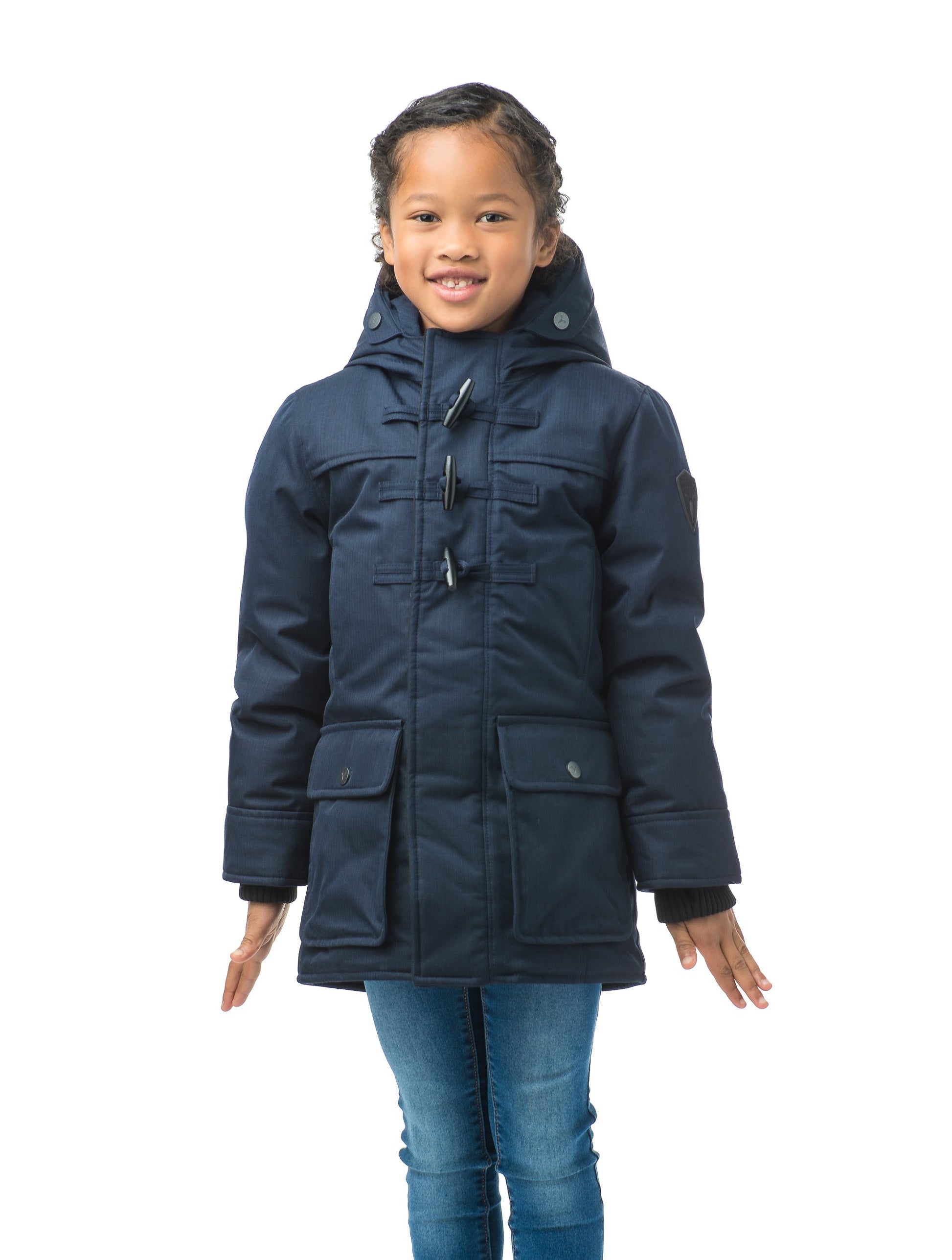 Kid's thigh high down coat with toggle closures in CH Navy