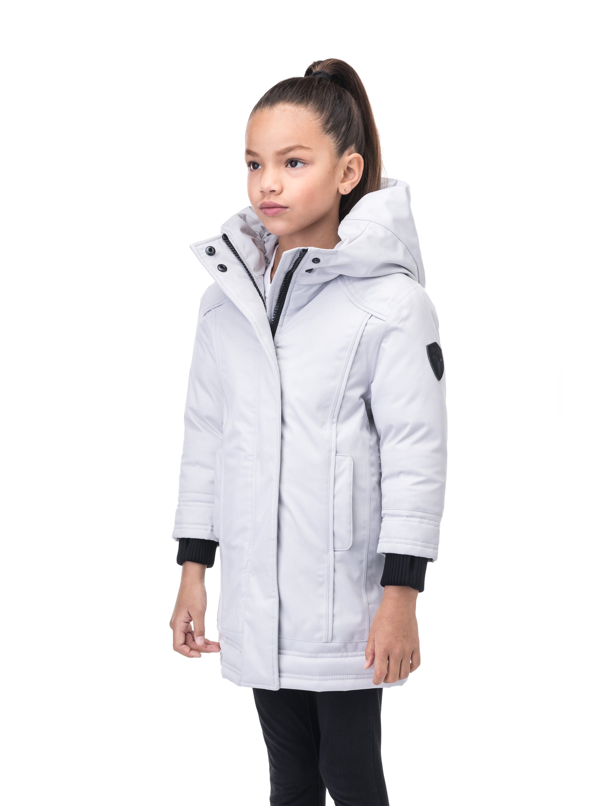 Kid's knee length down coat with fur free hood in Light Grey