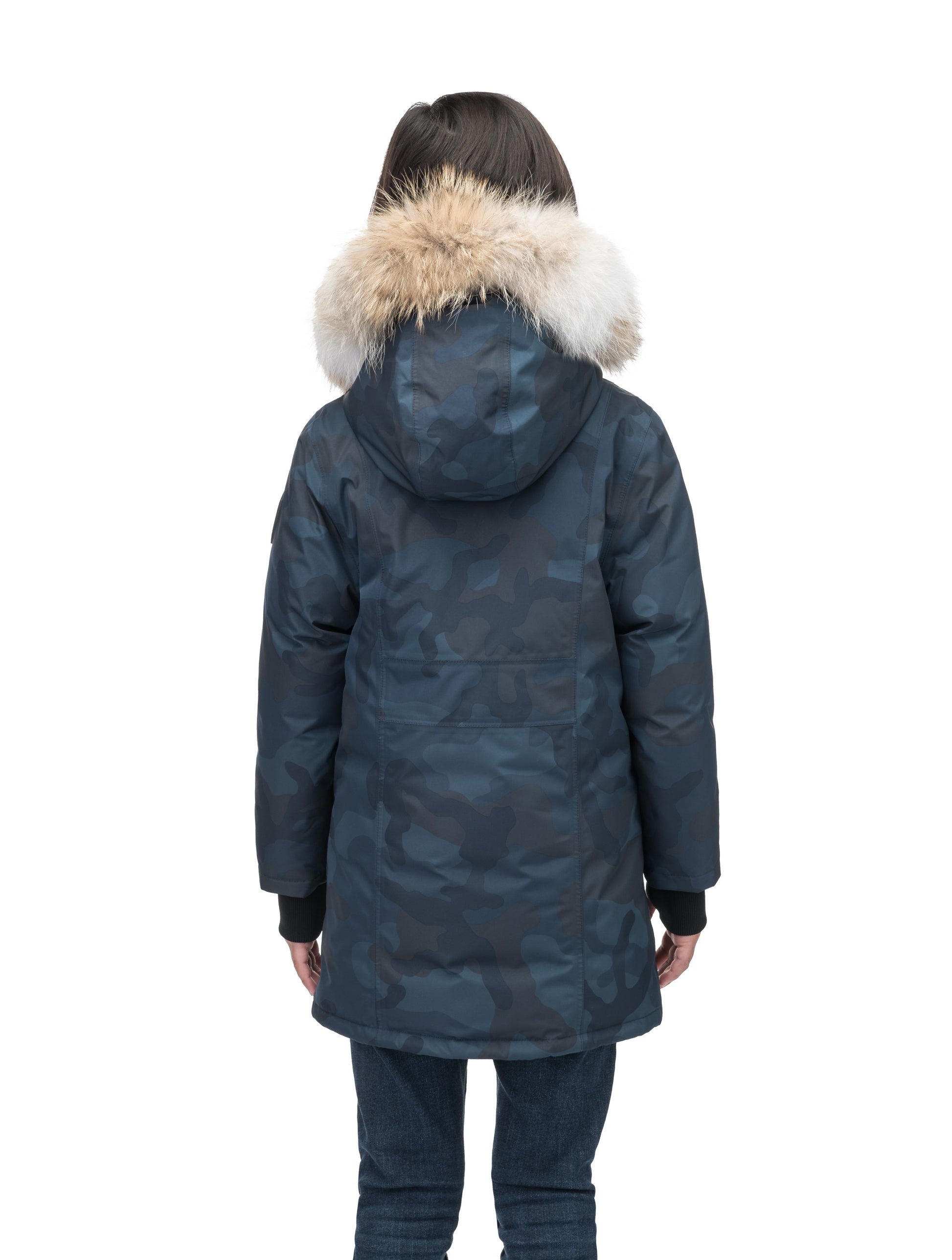 Kids' thigh length down-filled parka with non-removable hood and removable coyote fur trim in Navy Camo