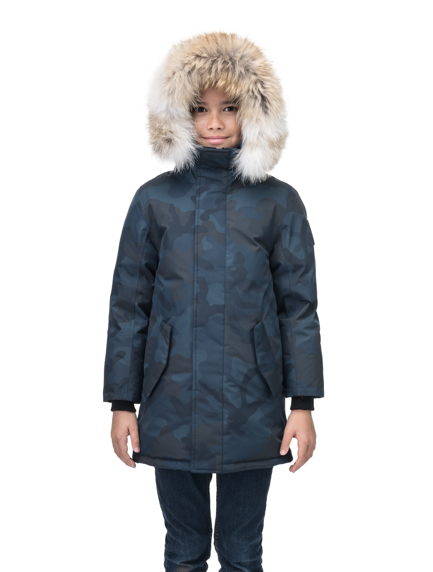 Kids' thigh length down-filled parka with non-removable hood and removable coyote fur trim in Navy Camo