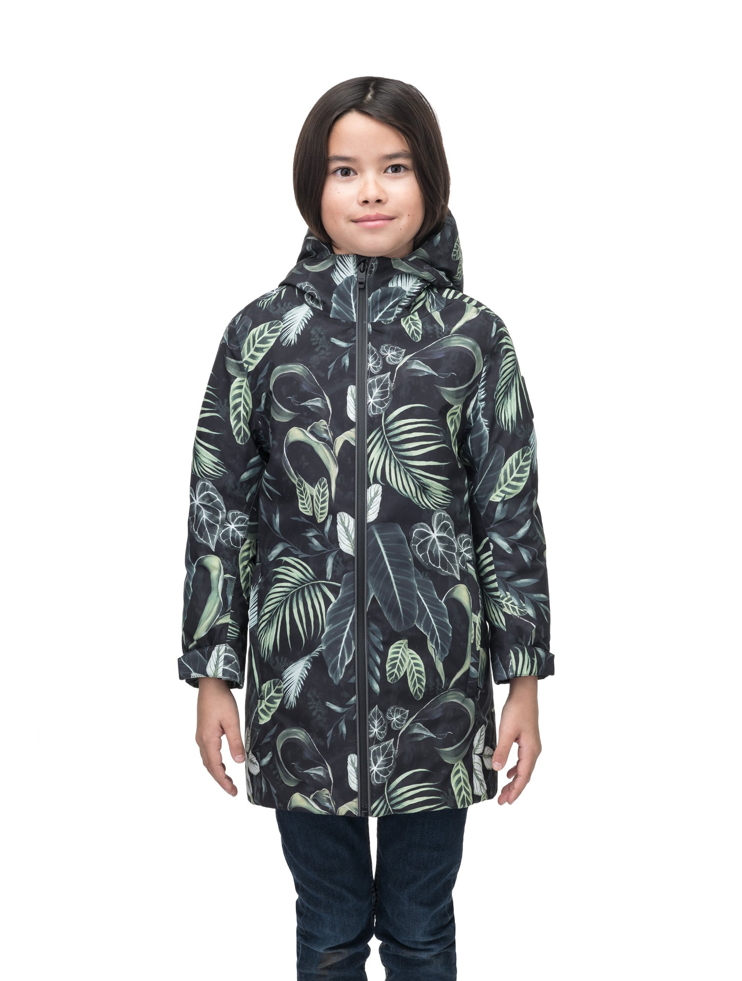 Little Comet Kids Parka in thigh length, Canadian duck down insulation, non-removable hood, two-way front zipper, packable body, in Foliage