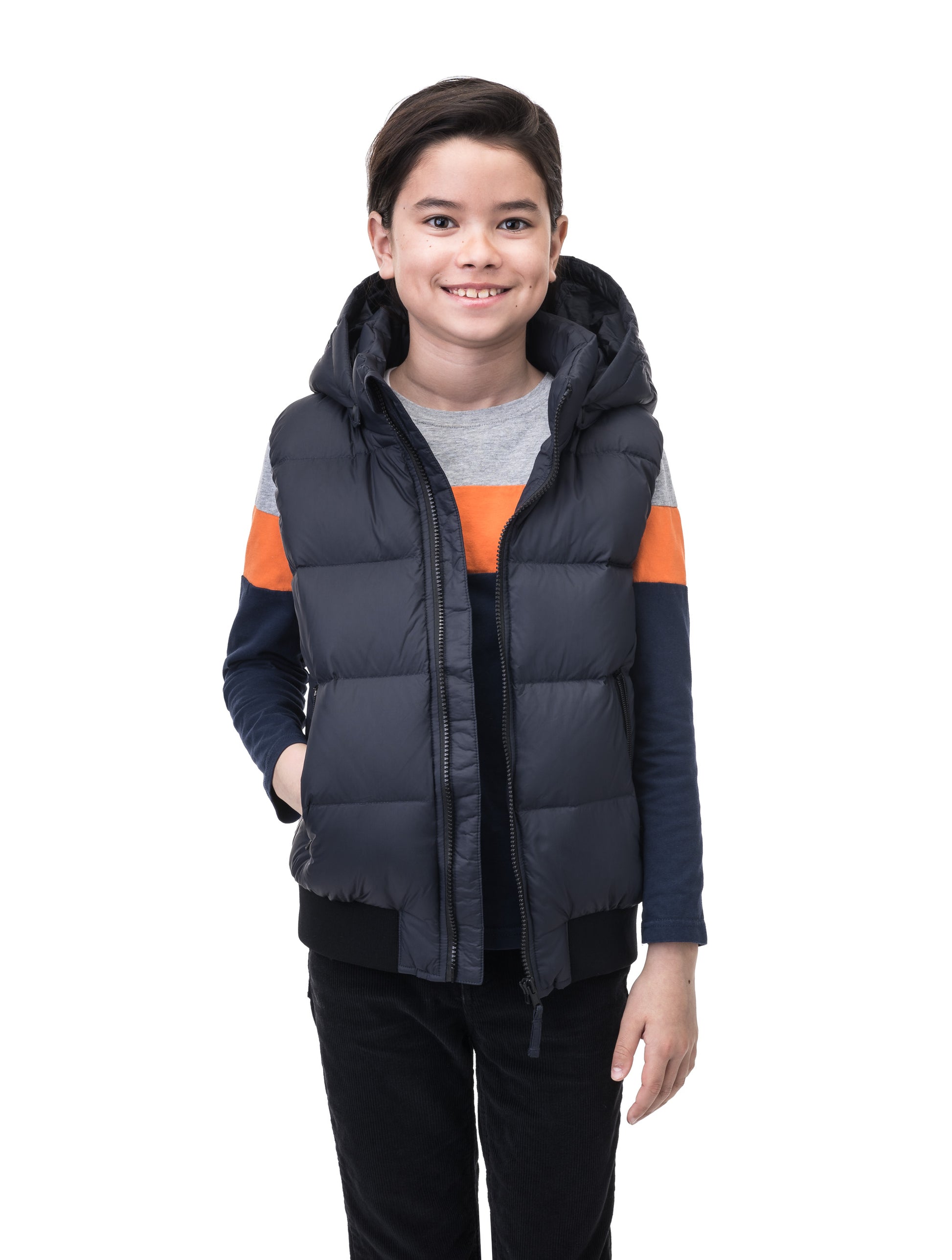 Sleeveless down filled kids vest with a hood and contrast zipper details in Navy