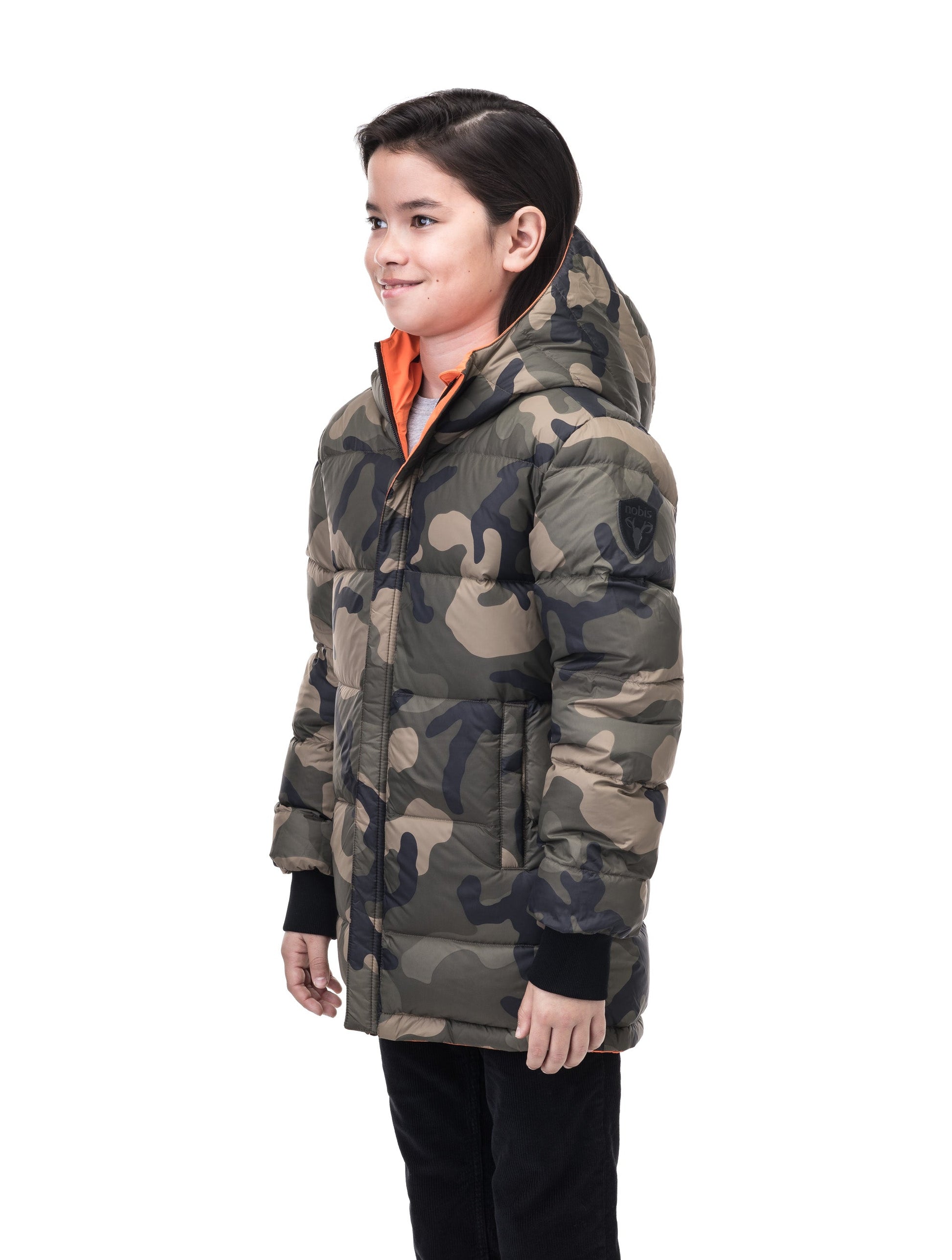 Kids' reversible knee length, down filled parka with waterproof finish in Atomic/Camo