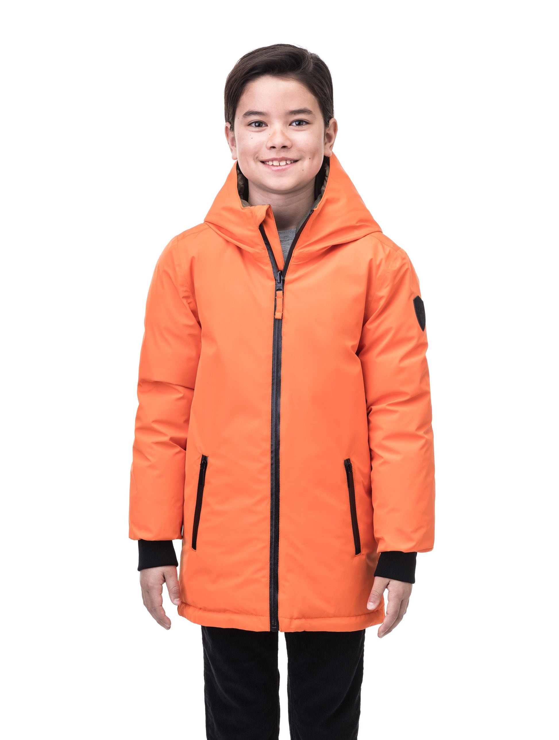 Kids' reversible knee length, down filled parka with waterproof finish in Atomic/Camo