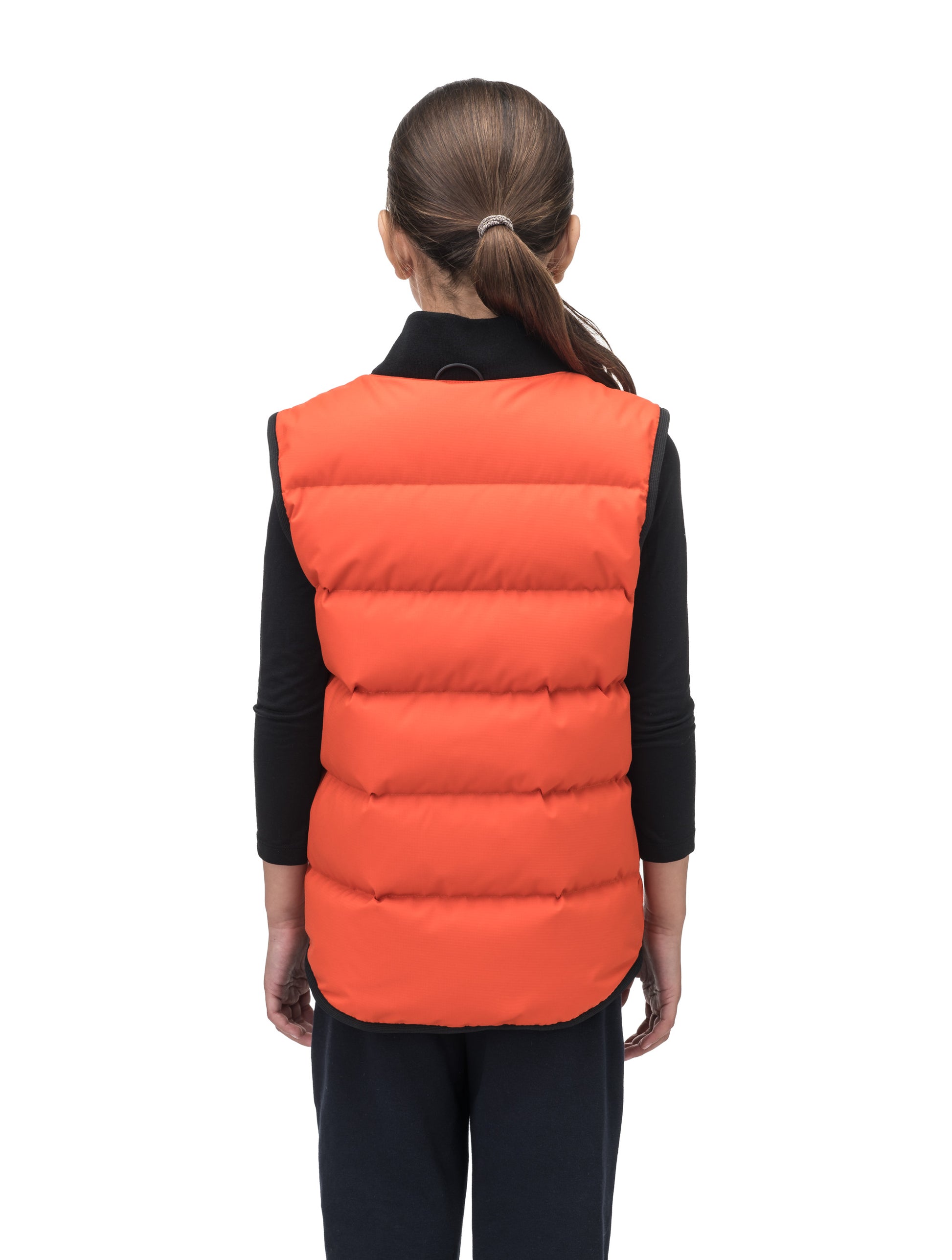 Little Pluto Kids Mid Layer Vest in hip length, Canadian duck down insulation, ribbed collar, two-way front zipper, and quilted body, in Terracotta