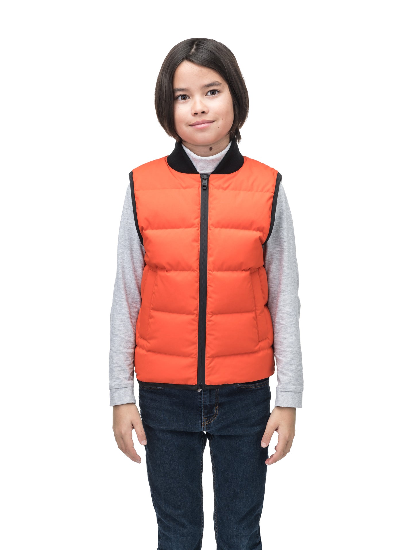 Little Pluto Kids Mid Layer Vest in hip length, Canadian duck down insulation, ribbed collar, two-way front zipper, and quilted body, in Terracotta