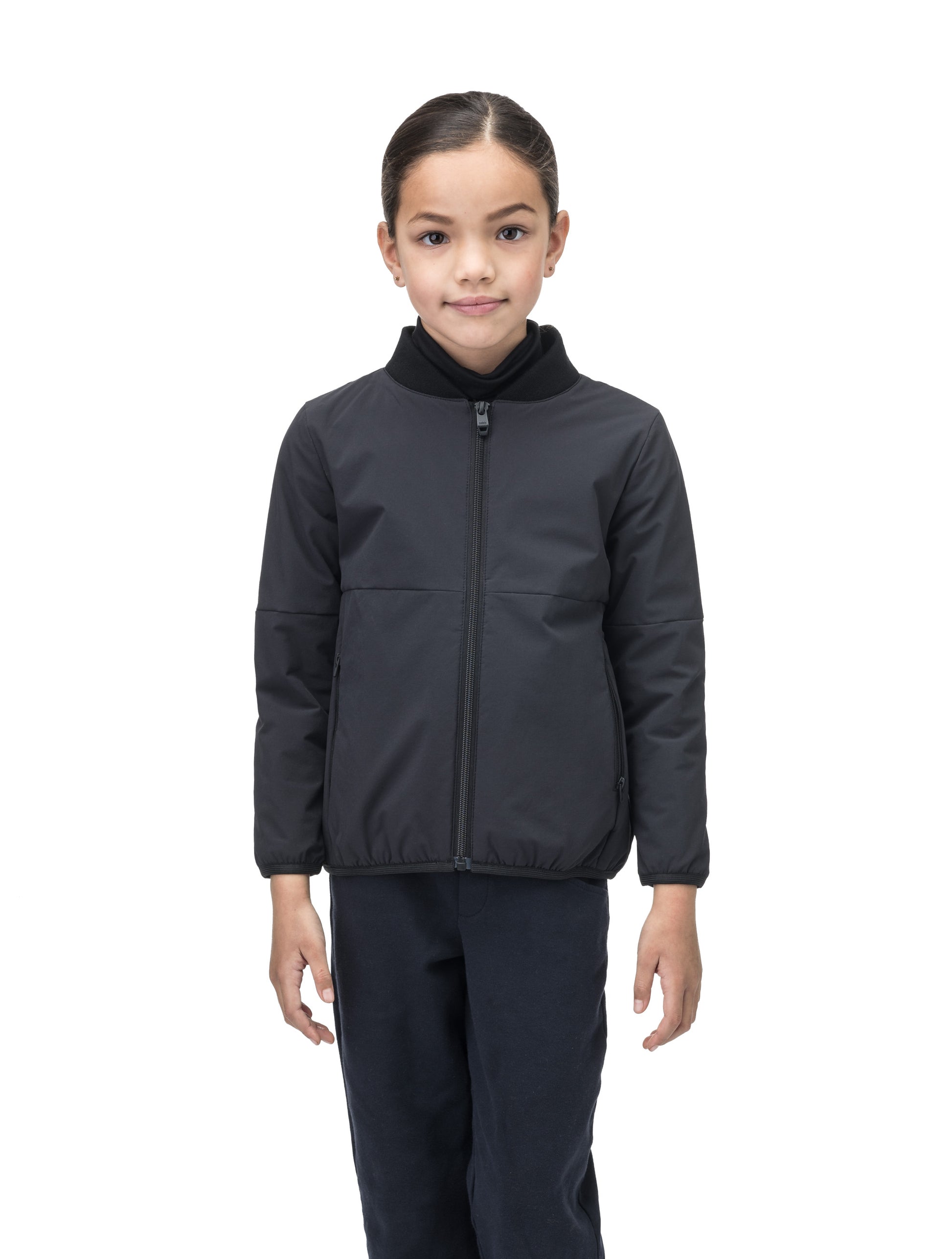 Little Ursa Kids Mid Layer Jacket in hip length, Primaloft Gold Insulation Active, ribbed collar, and two-way front zipper, in Black