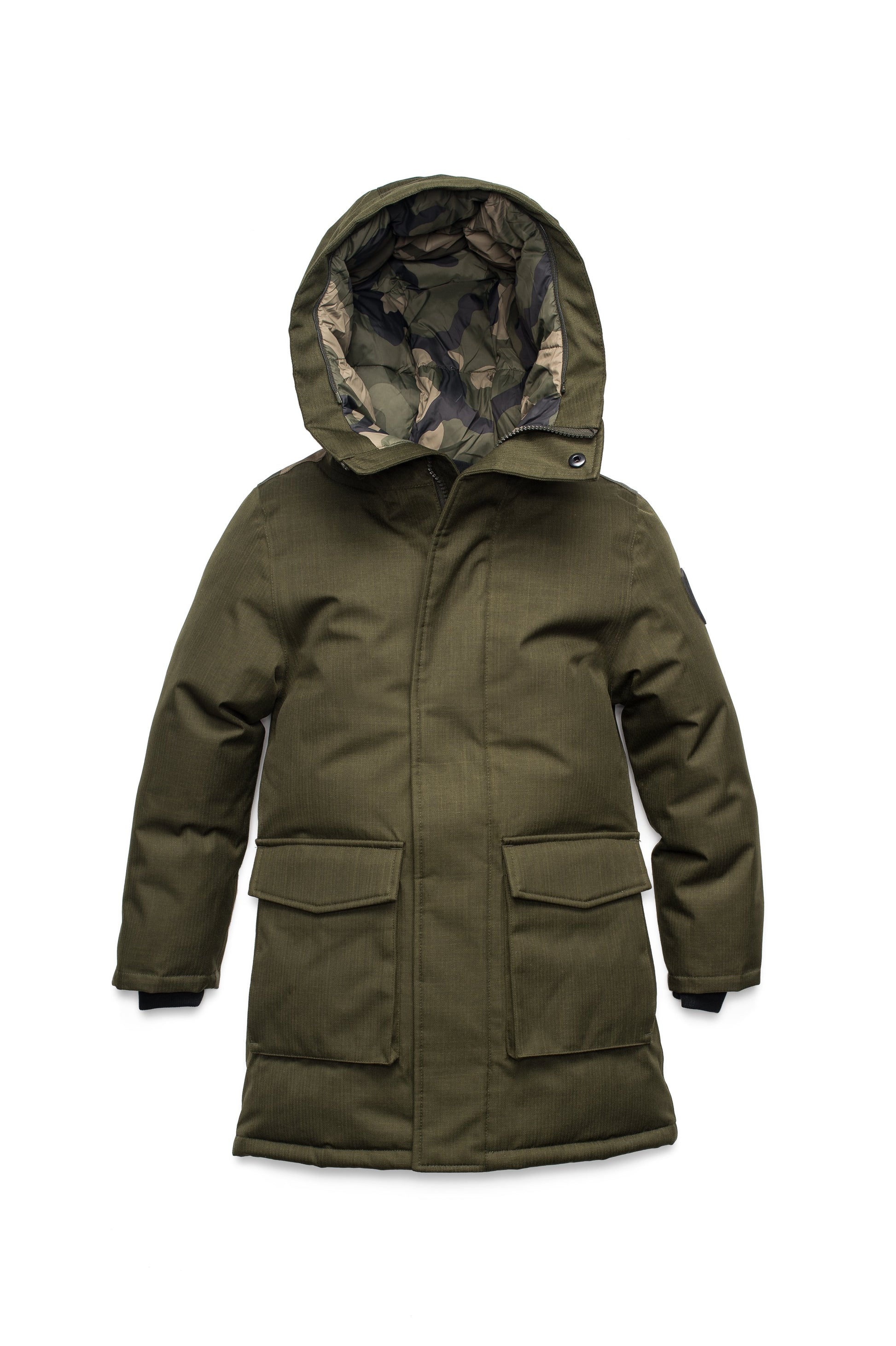 Kids' thigh length down-filled parka with non-removable hood and removable coyote fur trim in Fatigue