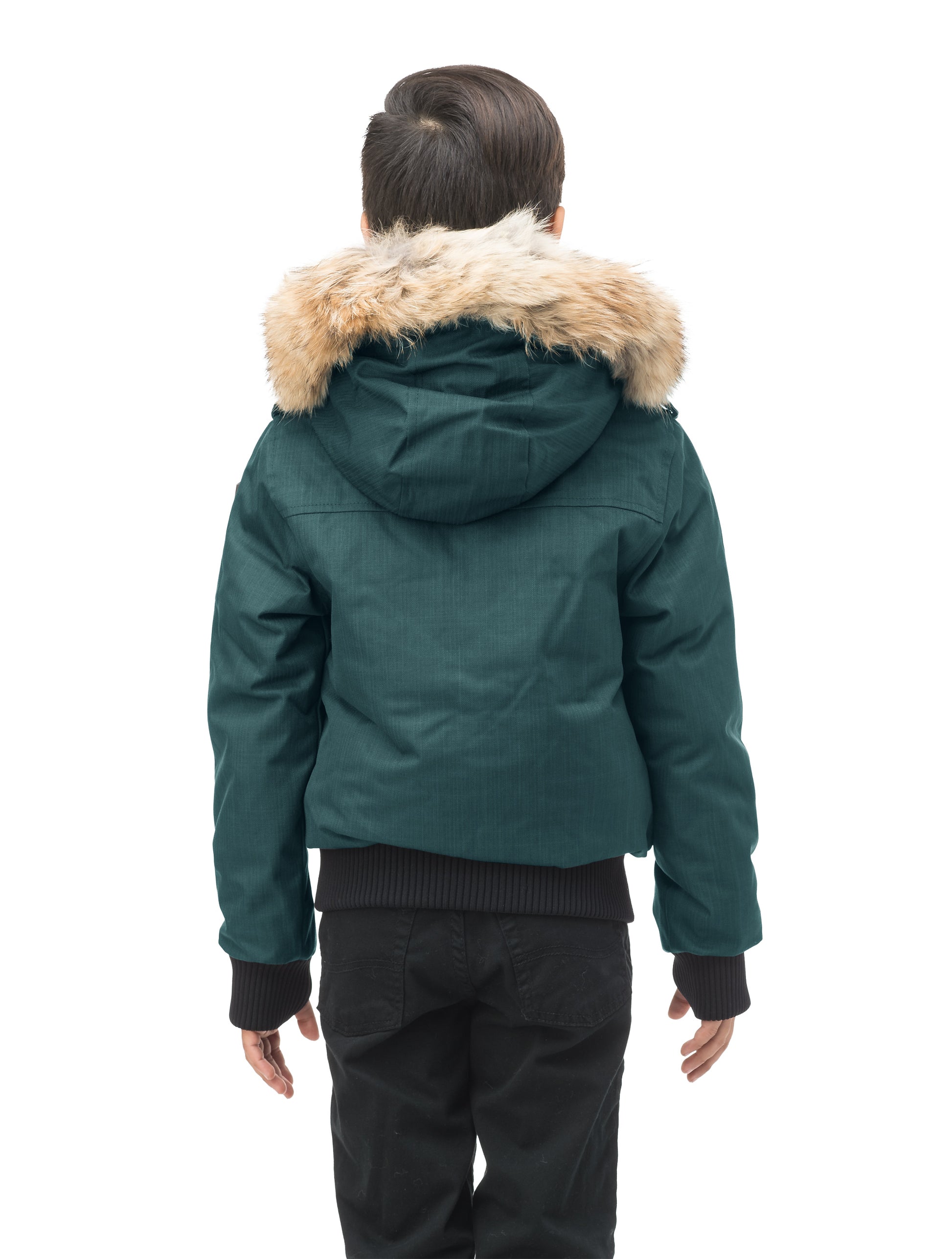 Kid's waist length down bomber jacket with fur trim hood in CH Forest