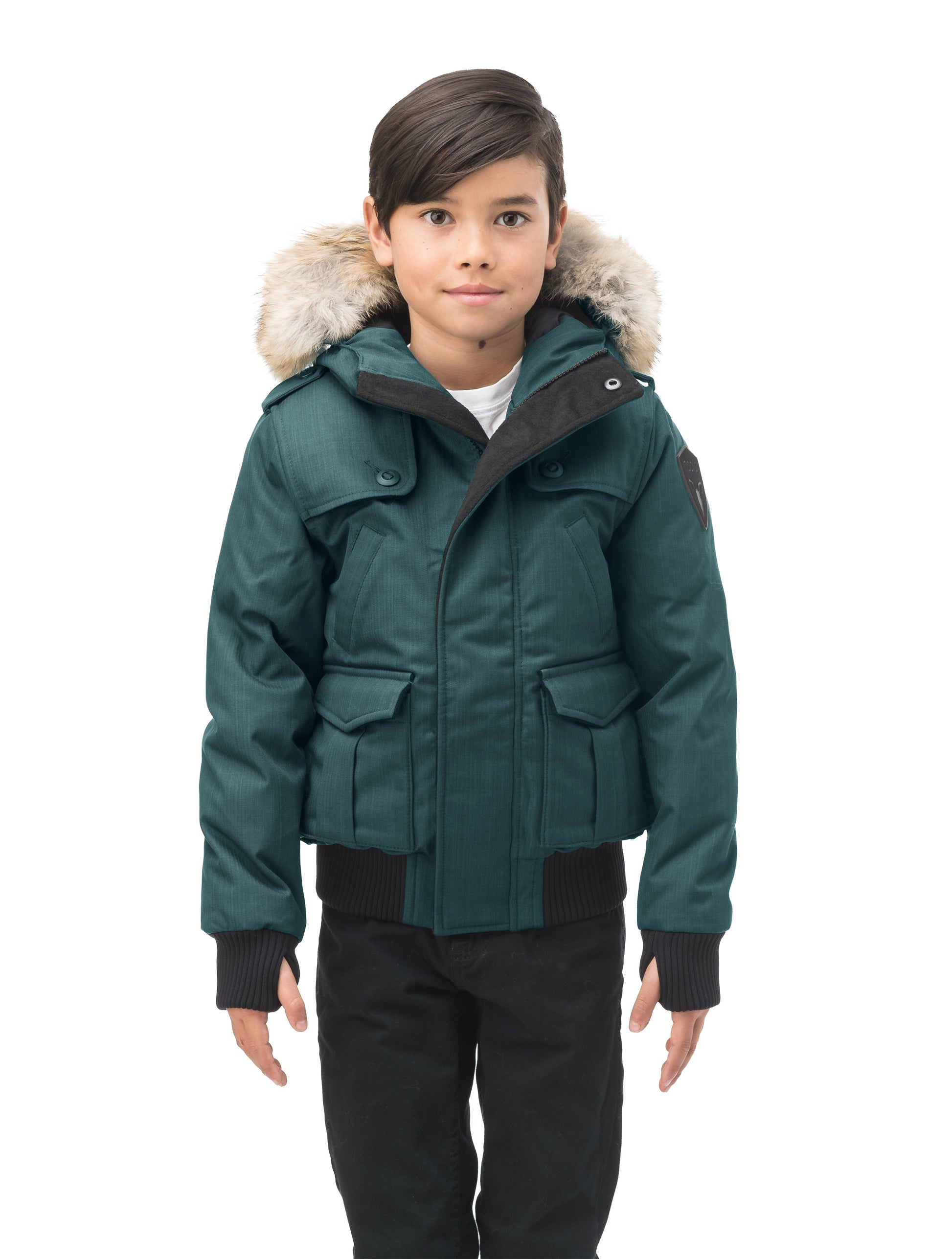 Kid's waist length down bomber jacket with fur trim hood in CH Forest