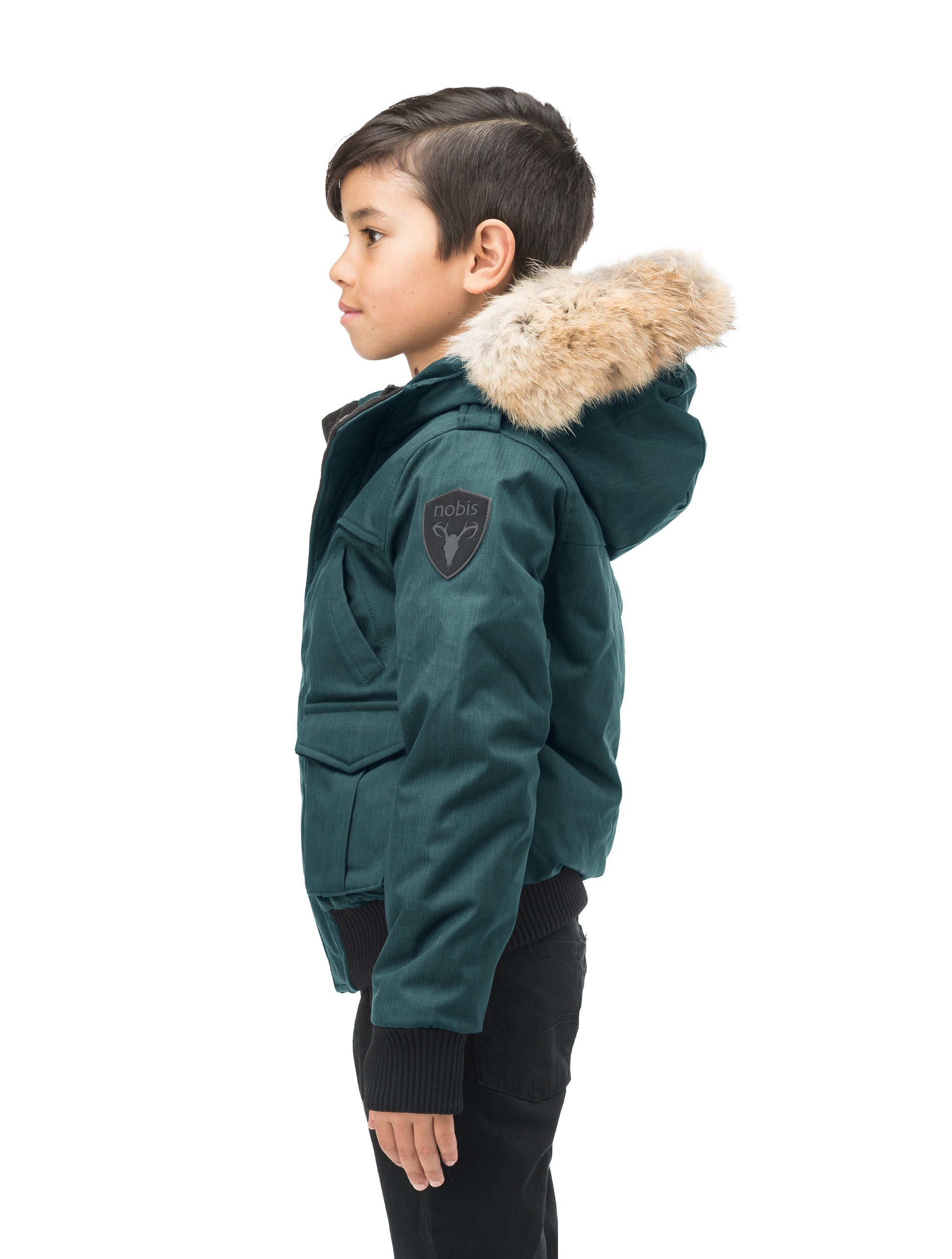 Kid's waist length down bomber jacket with fur trim hood in CH Forest