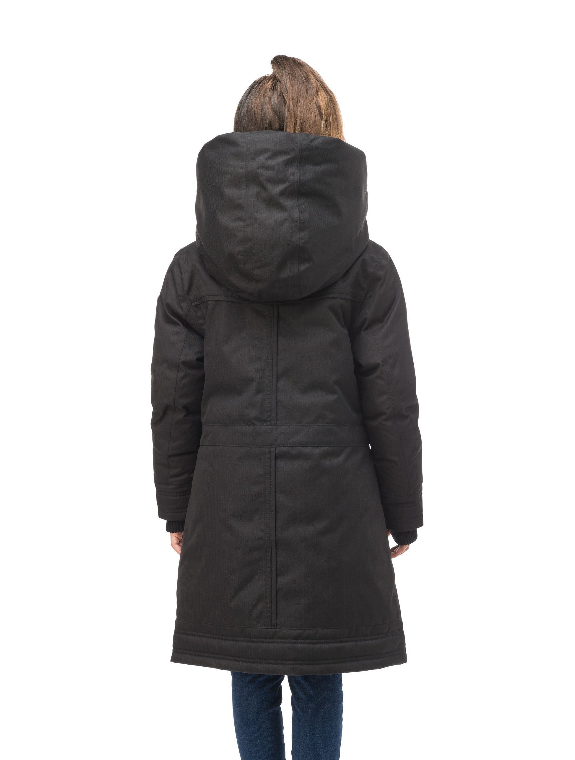 Kid's knee length down coat with fur free hood in Black