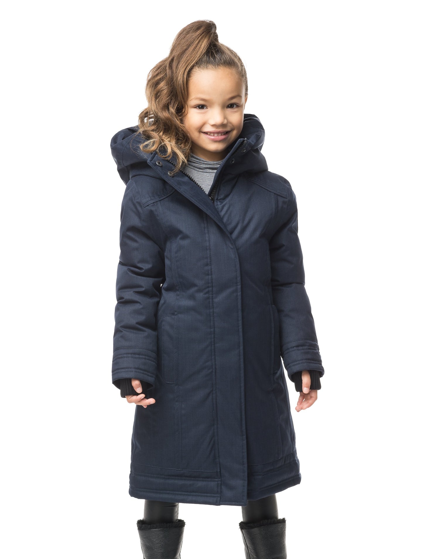 Kid's knee length down coat with fur free hood in Navy