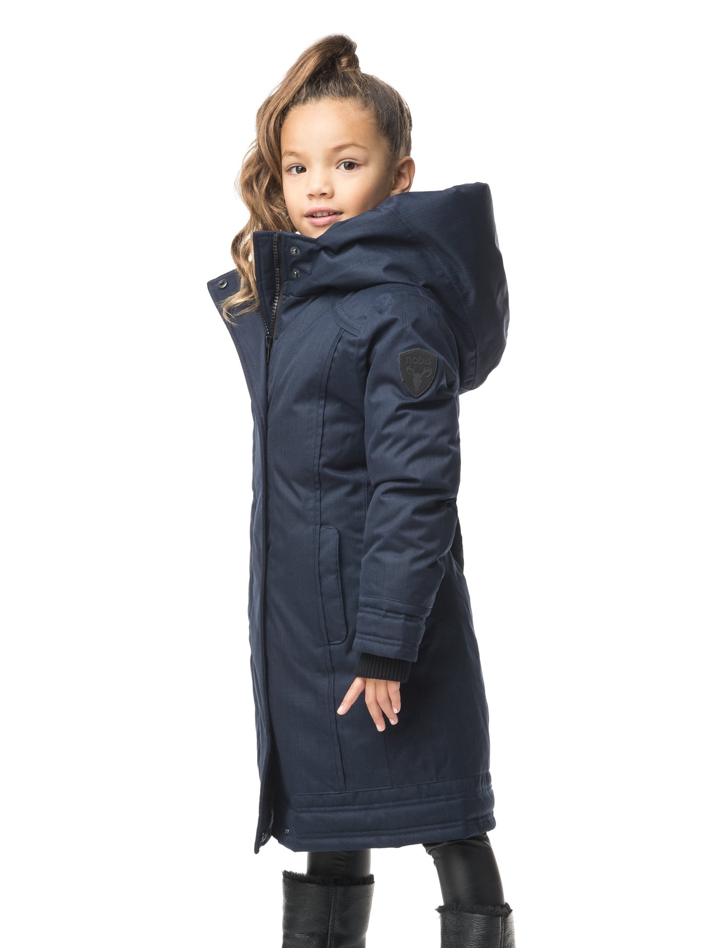 Kid's knee length down coat with fur free hood in Navy