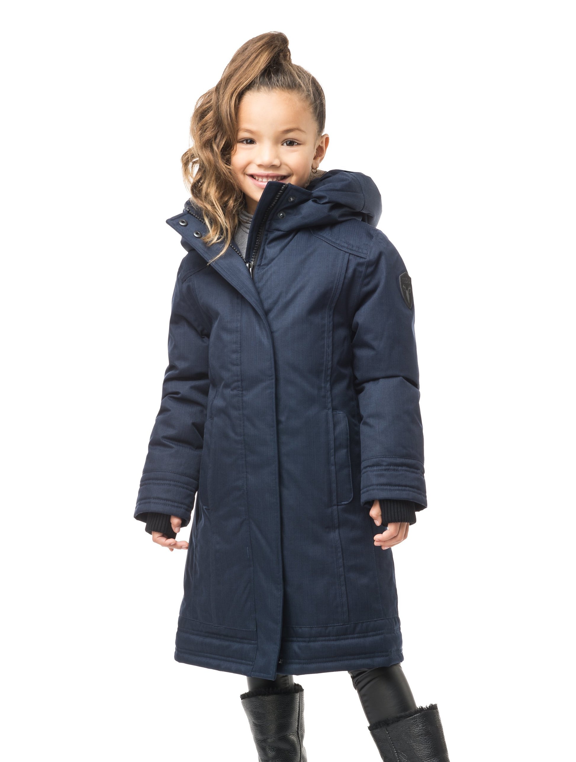 Kid's knee length down coat with fur free hood in Navy