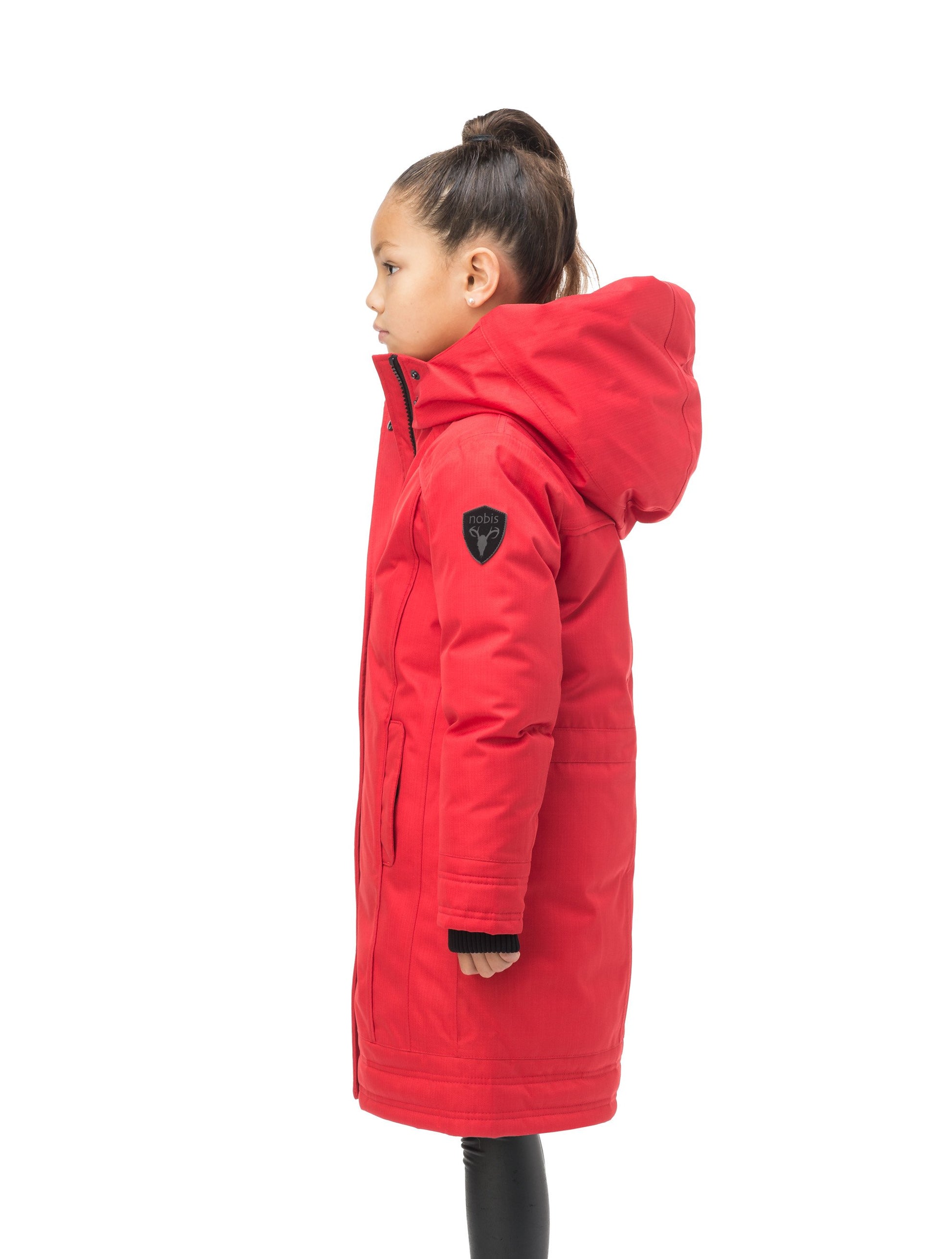 Kid's knee length down coat with fur free hood in Red