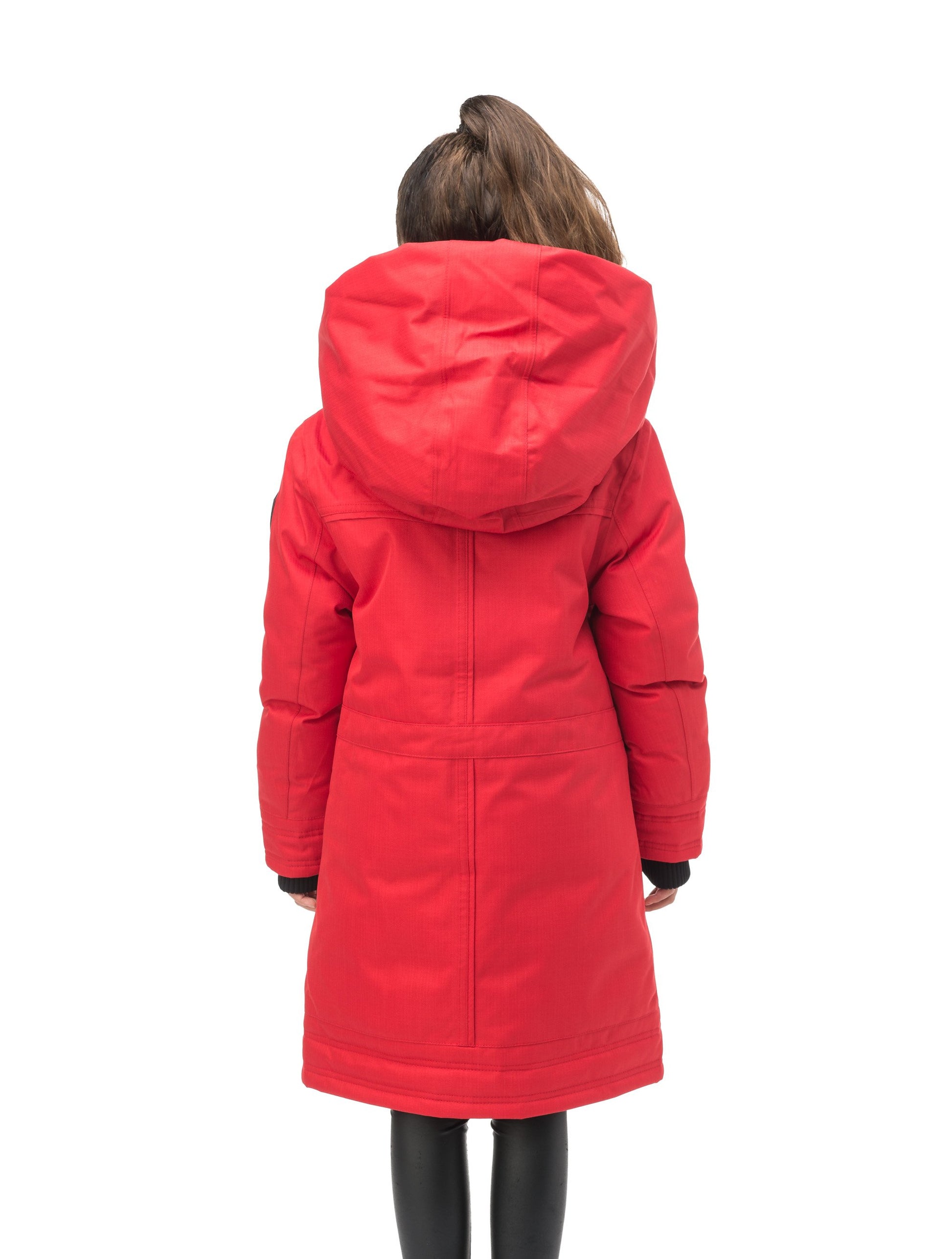 Kid's knee length down coat with fur free hood in Red