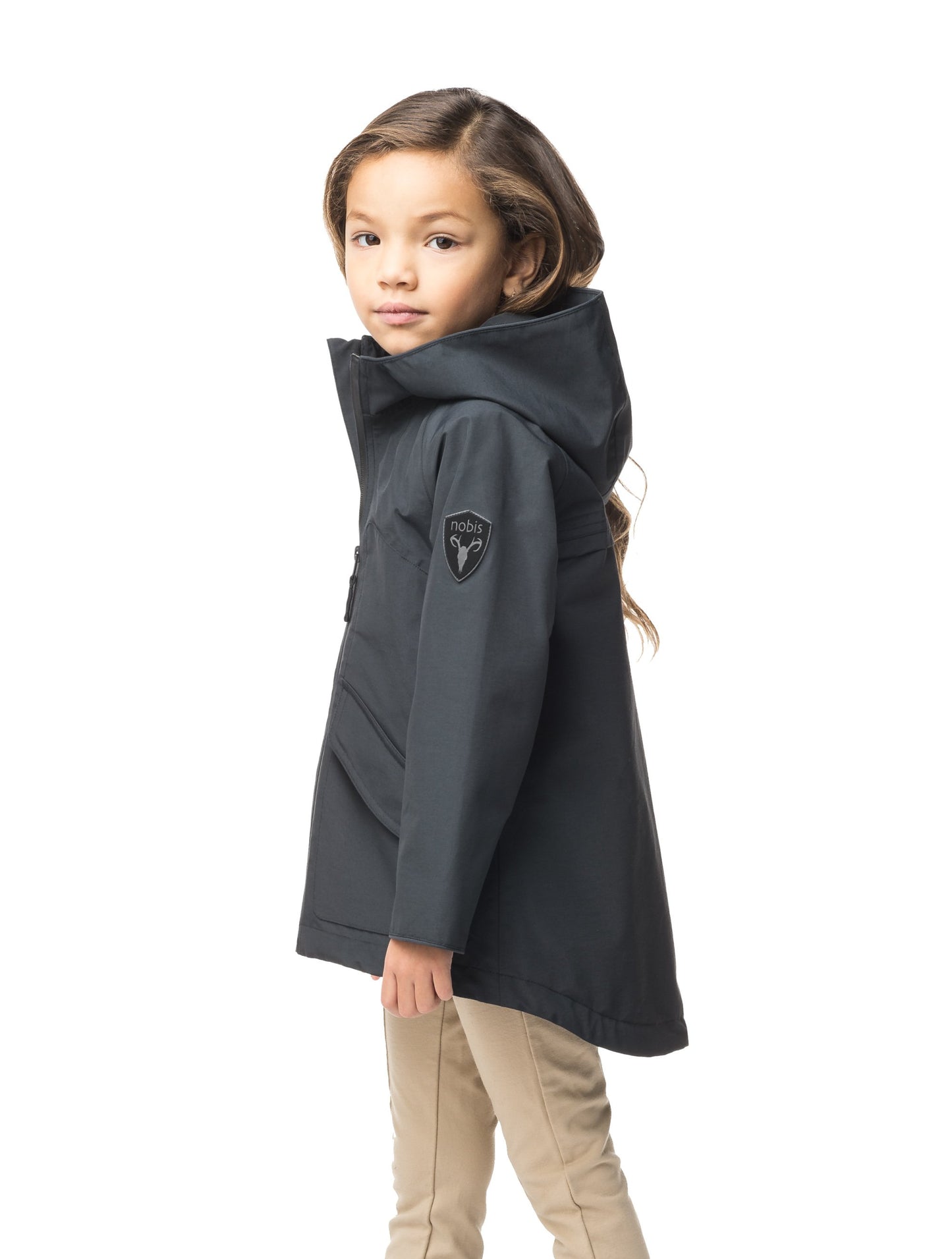 Kid's hip length fishtail rain jacket with hood in Black