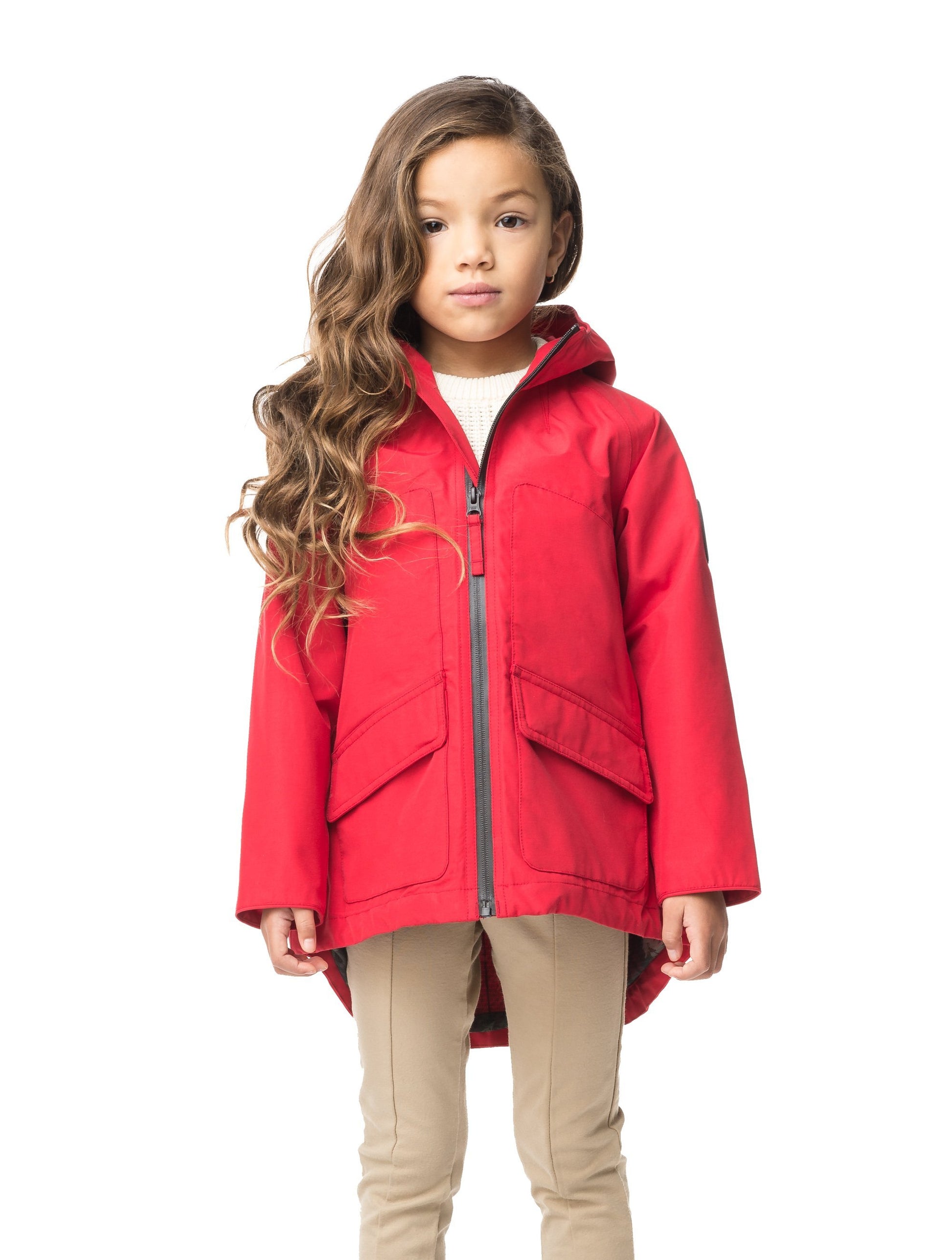 Kid's hip length fishtail rain jacket with hood in Red