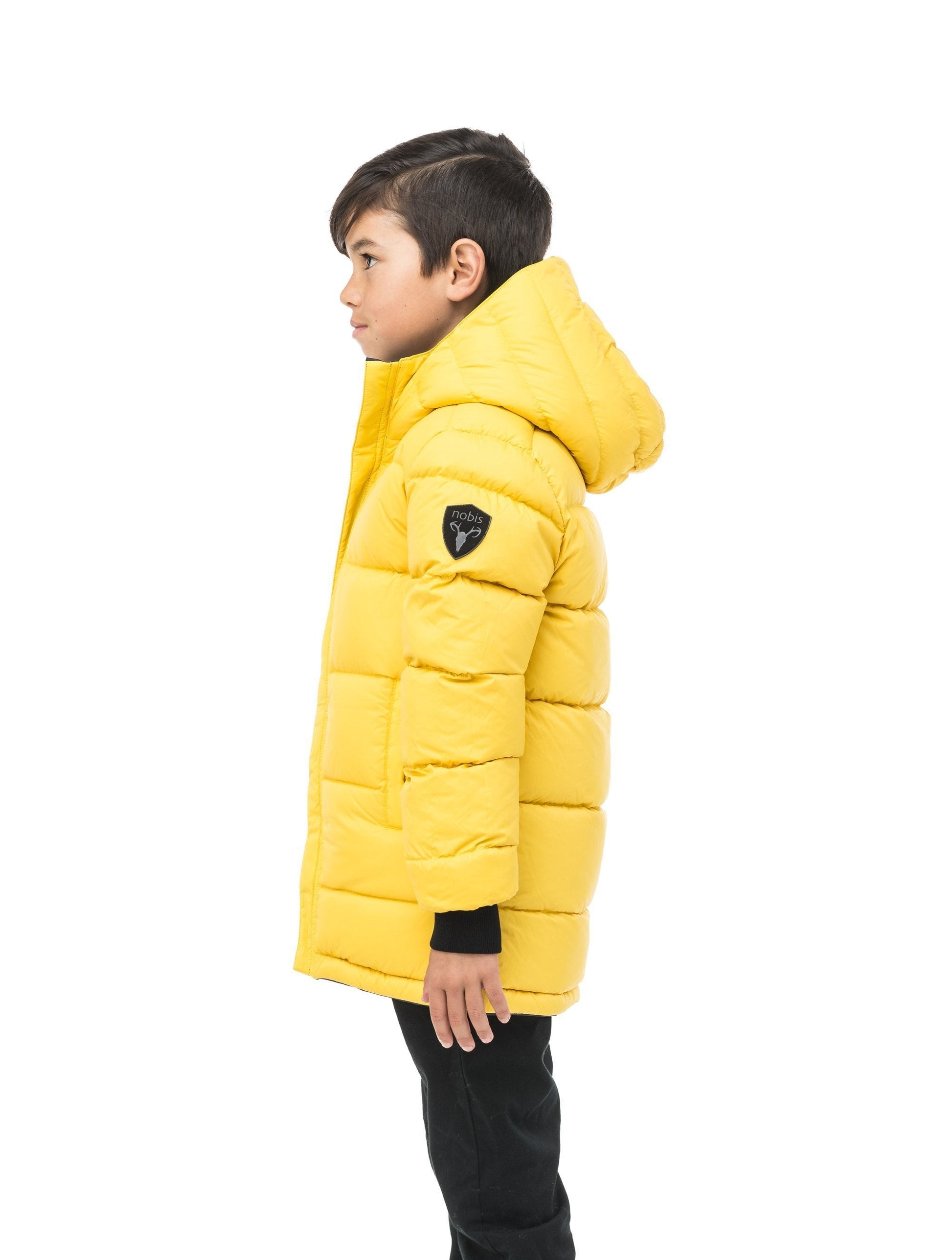 Kids' reversible knee length, down filled parka with waterproof finish in Marine/Citron