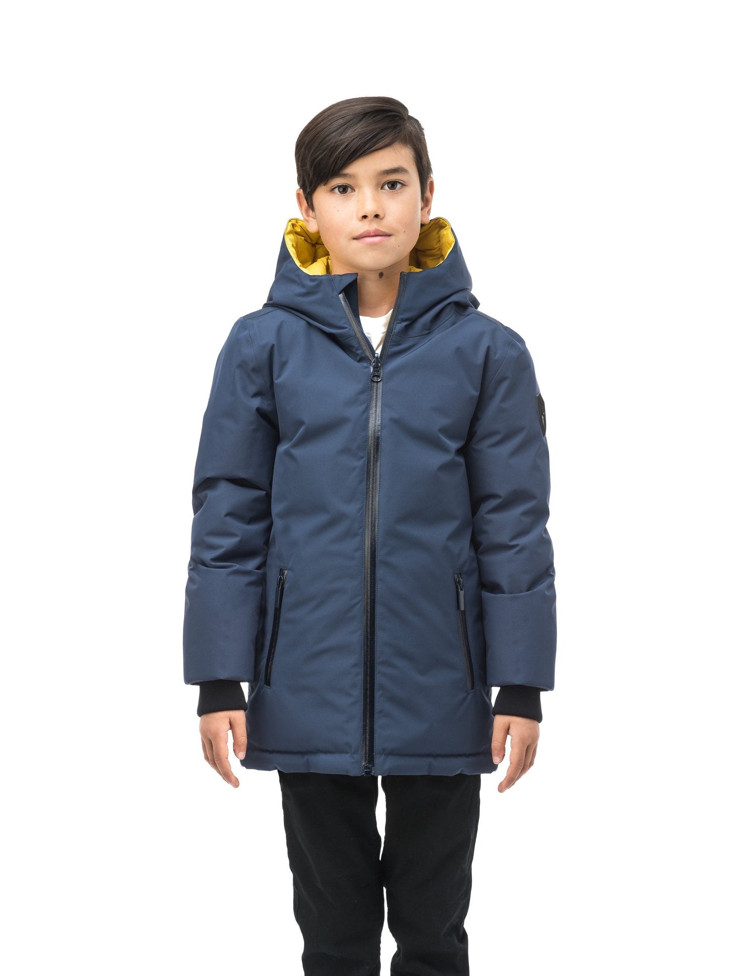 Kids' reversible knee length, down filled parka with waterproof finish in Marine/Citron