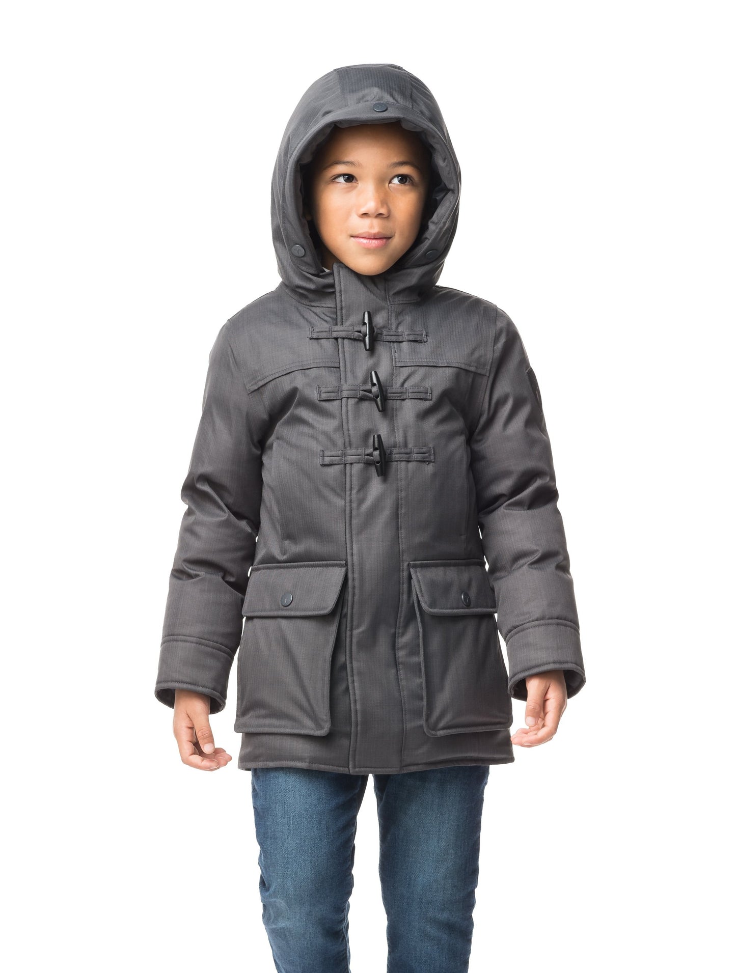 Kid's thigh high down coat with toggle closures in CH Steel Grey