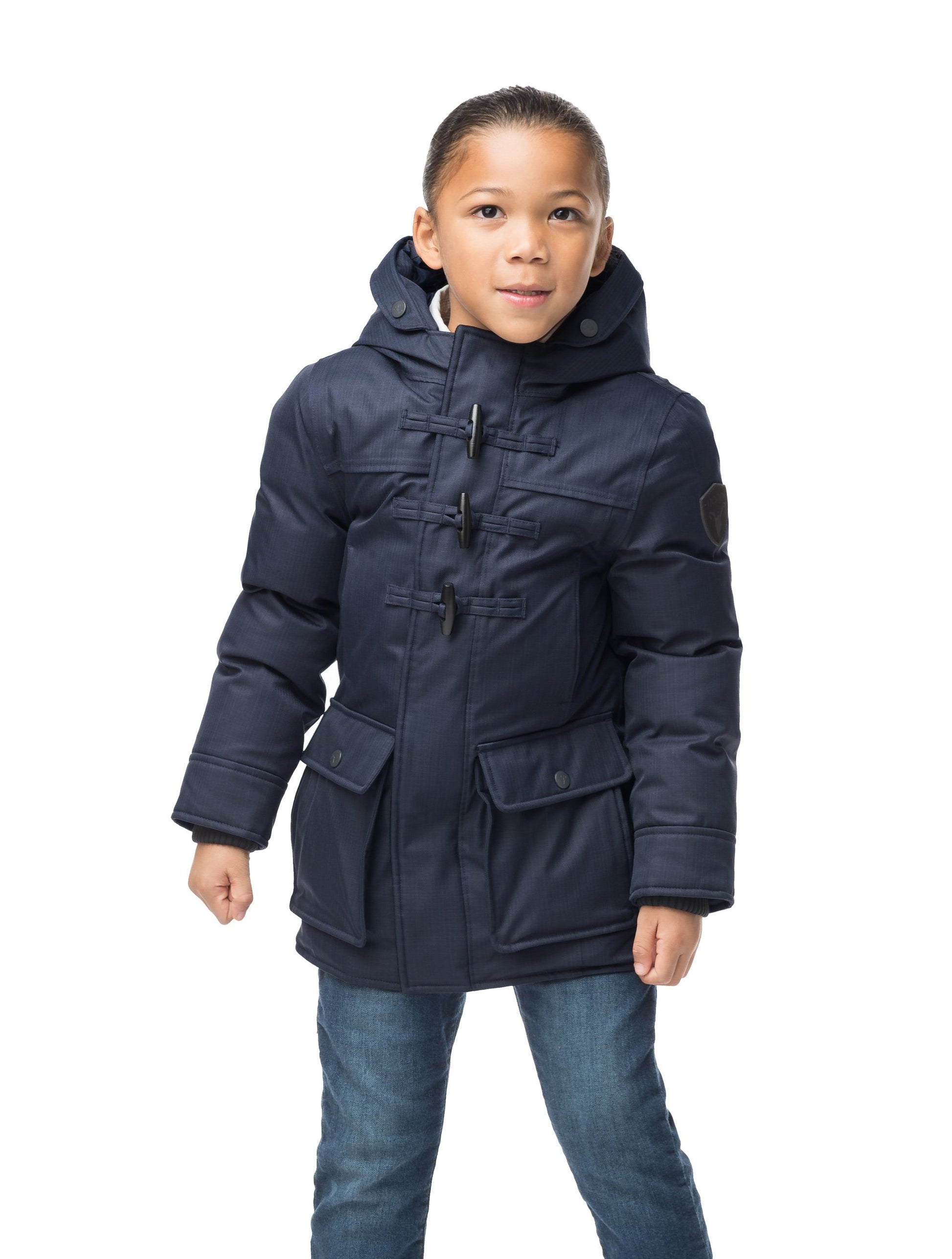 Kid's thigh high down coat with toggle closures in CH Navy