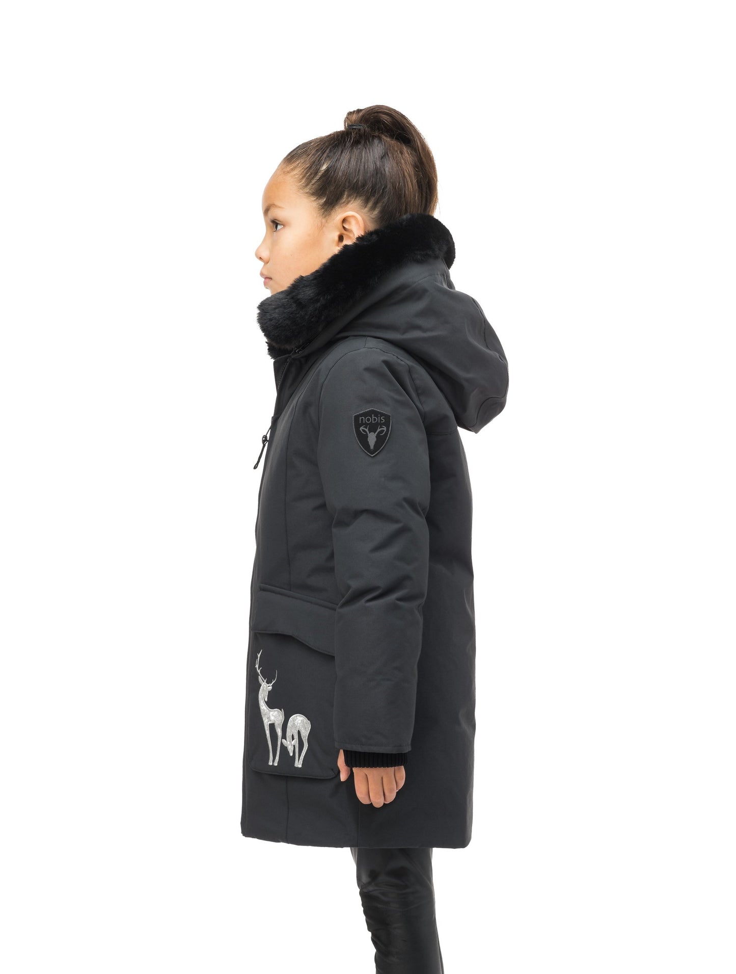 Kid's knee length down filled parka with deer applique detailing on the front patch pockets in Cy Black