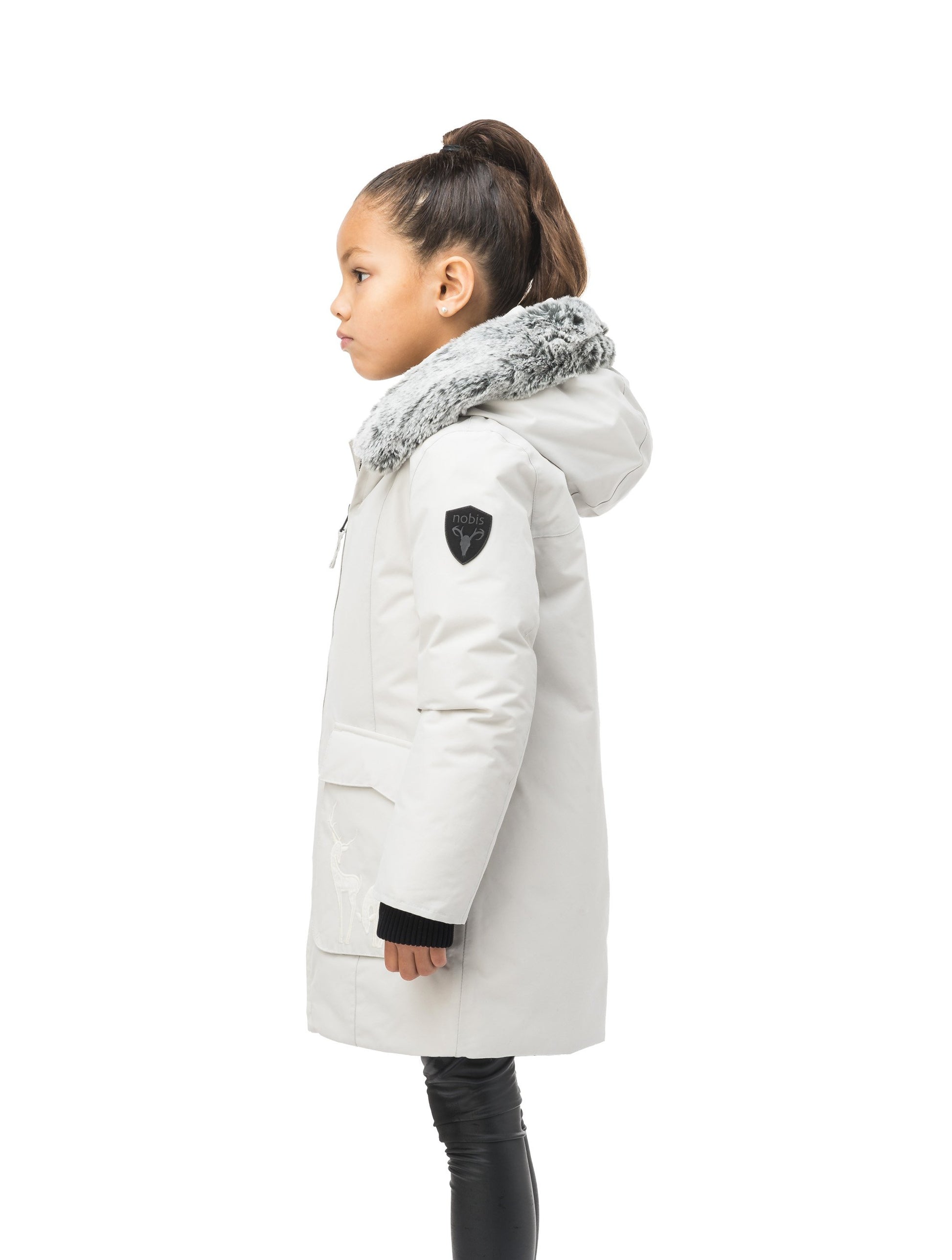 Kid's knee length down filled parka with deer applique detailing on the front patch pockets in Light Grey