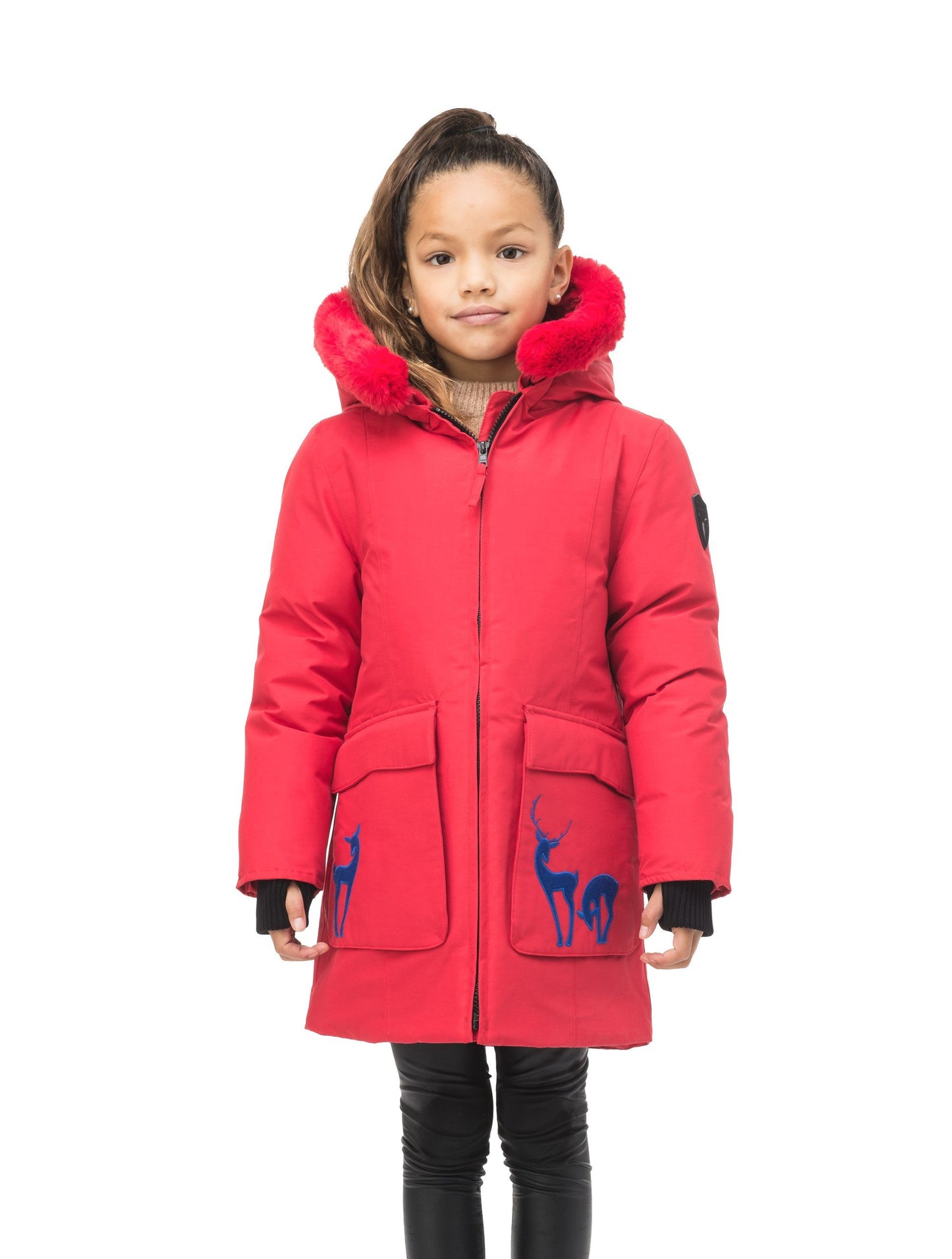 Kid's knee length down filled parka with deer applique detailing on the front patch pockets in Cy Red