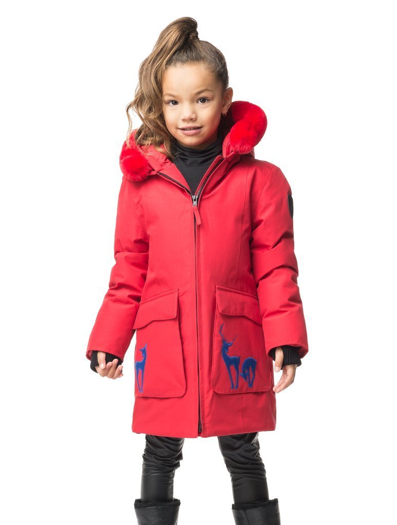 Kid's knee length down filled parka with deer applique detailing on the front patch pockets in Cy Red