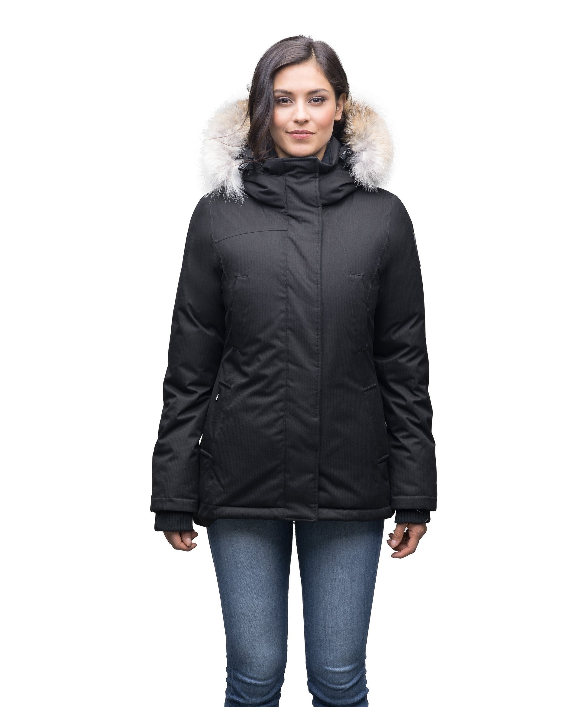 Women's hip length down filled parka in CH Black