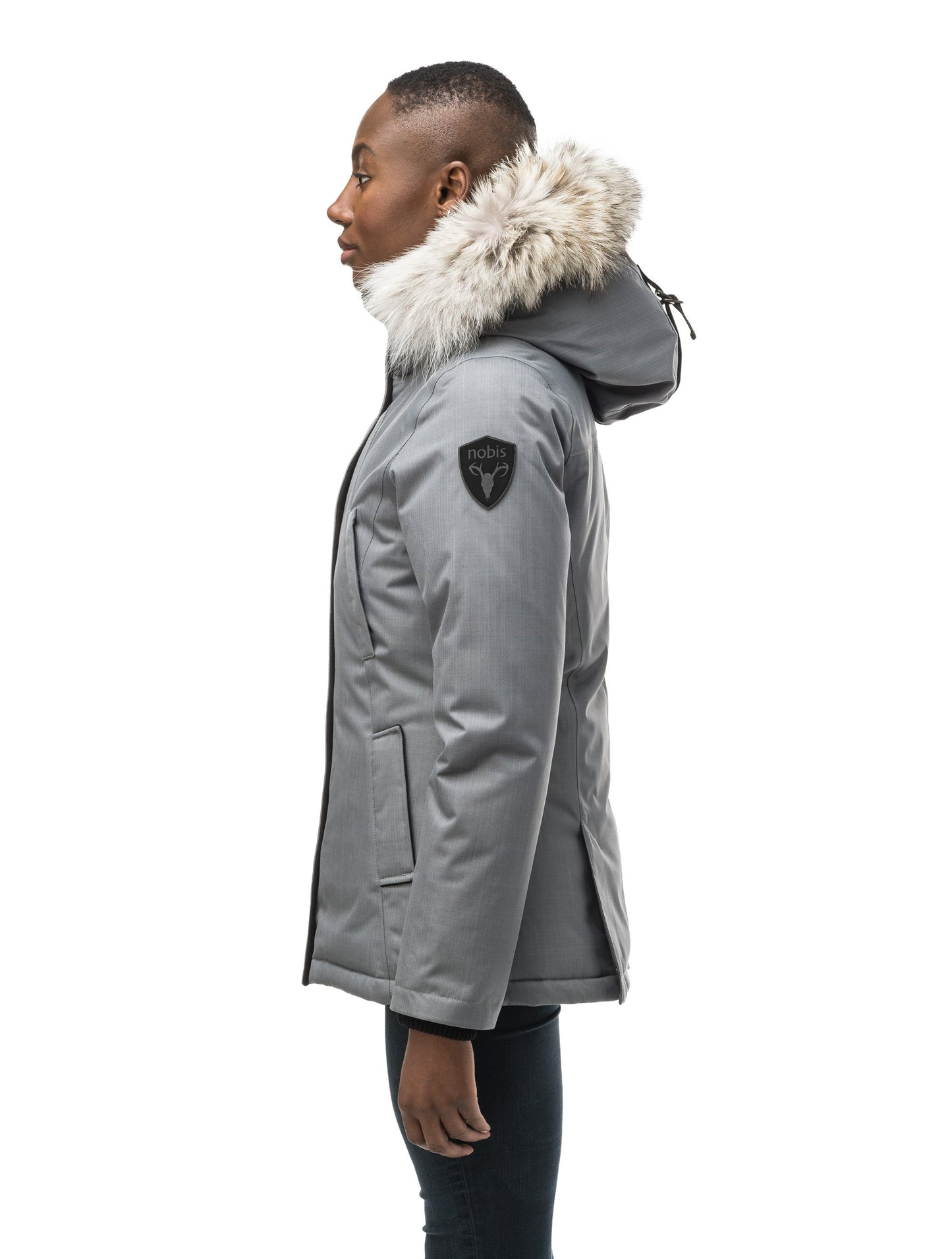 Women's hip length down filled parka in CH Concrete