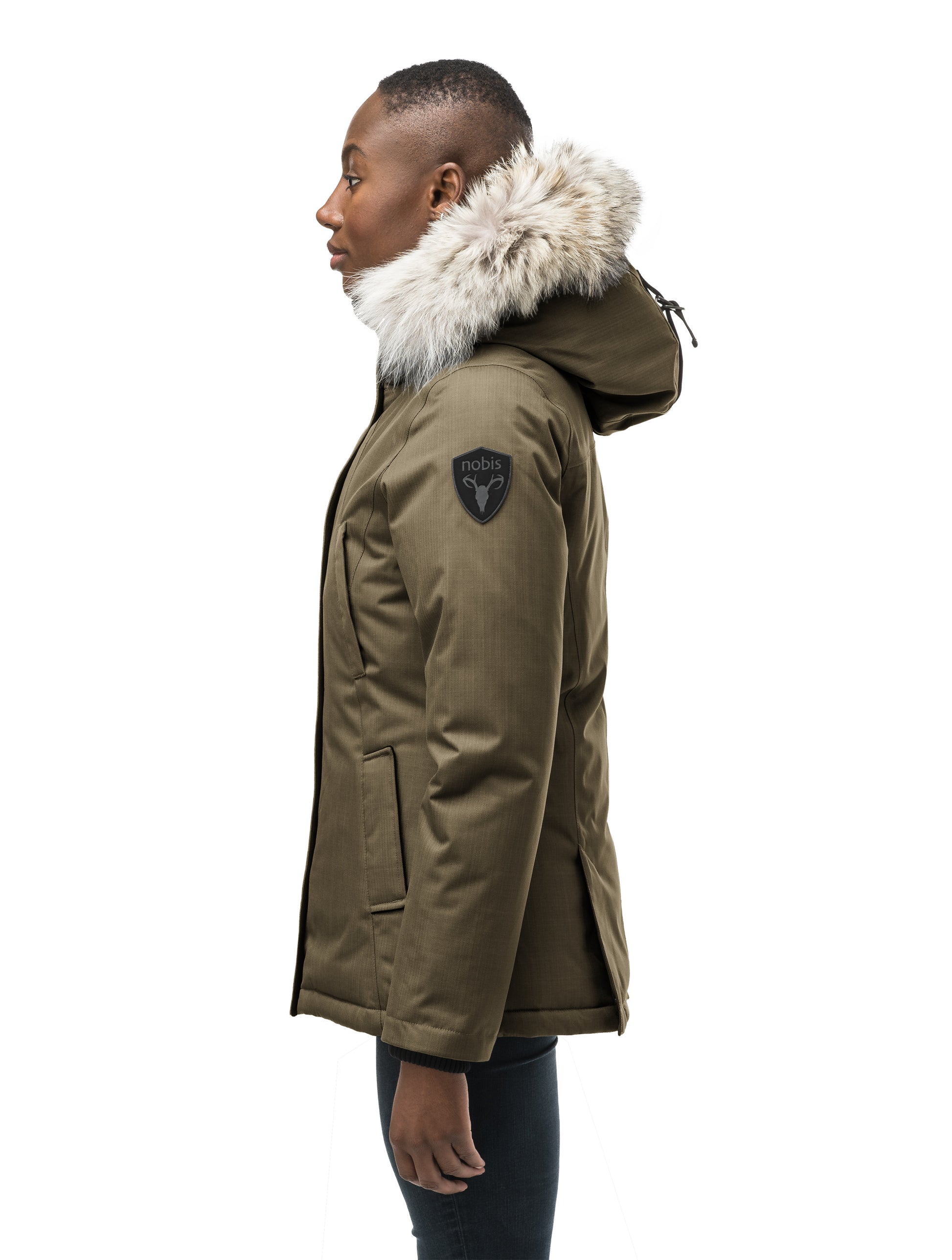 Women's hip length down filled parka in CH Fatigue