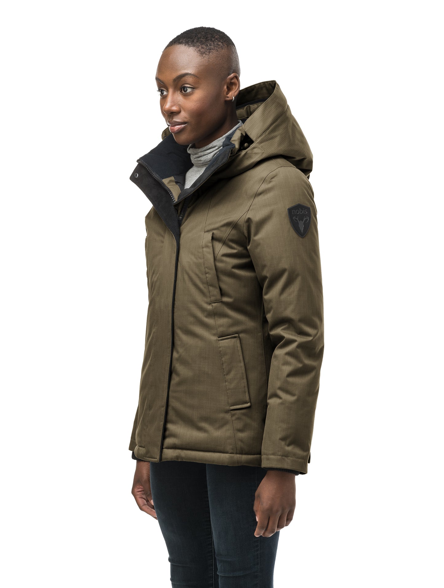 Women's hip length down filled parka in CH Fatigue