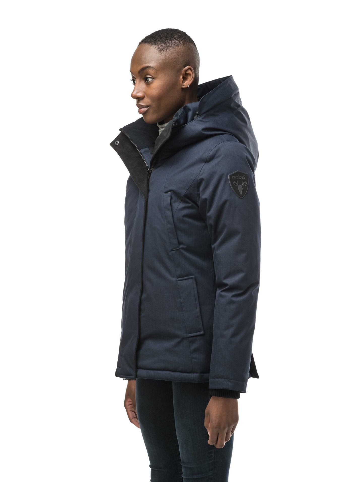 Women's hip length down filled parka in CH Navy