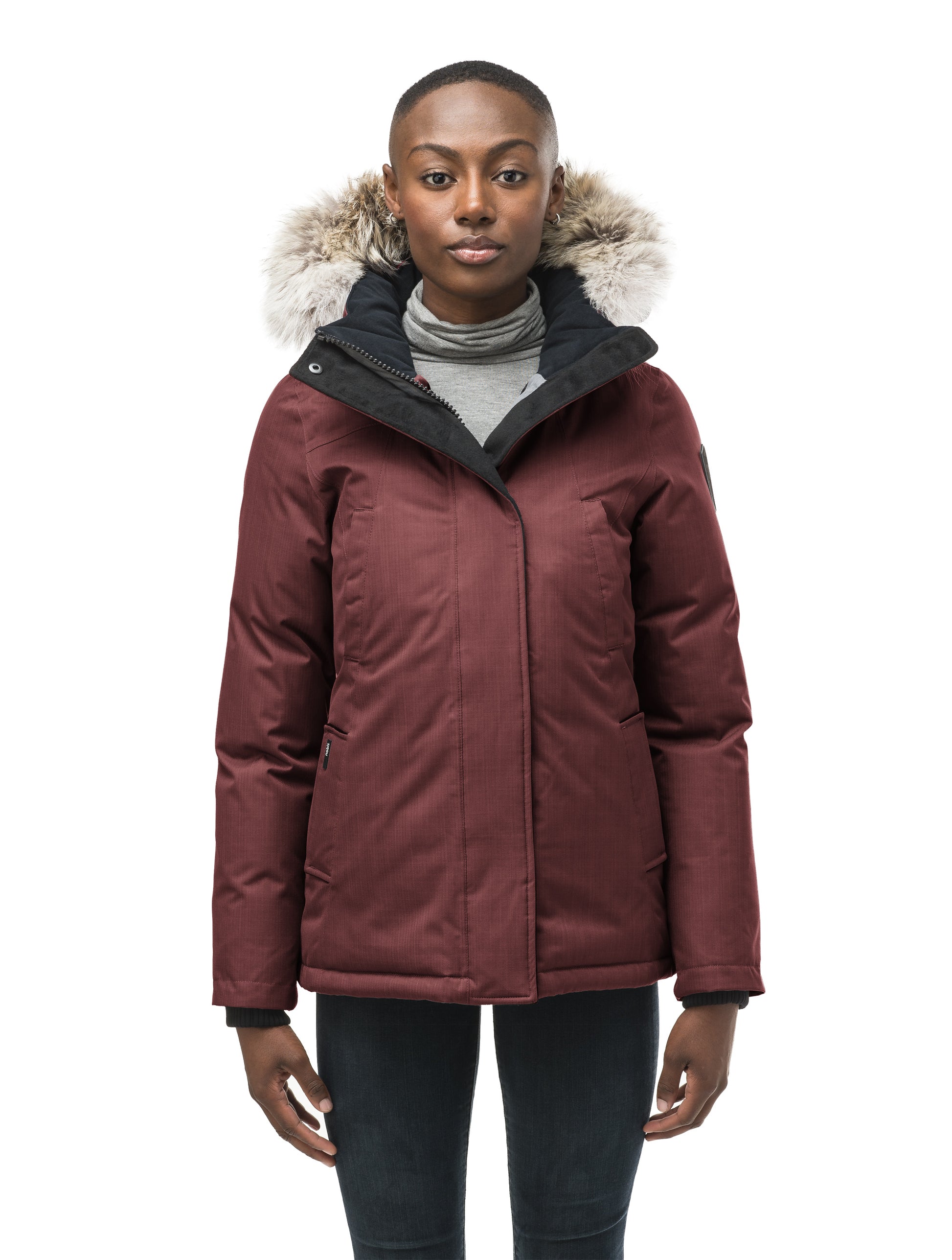 Women's hip length down filled parka in CH Red Rum