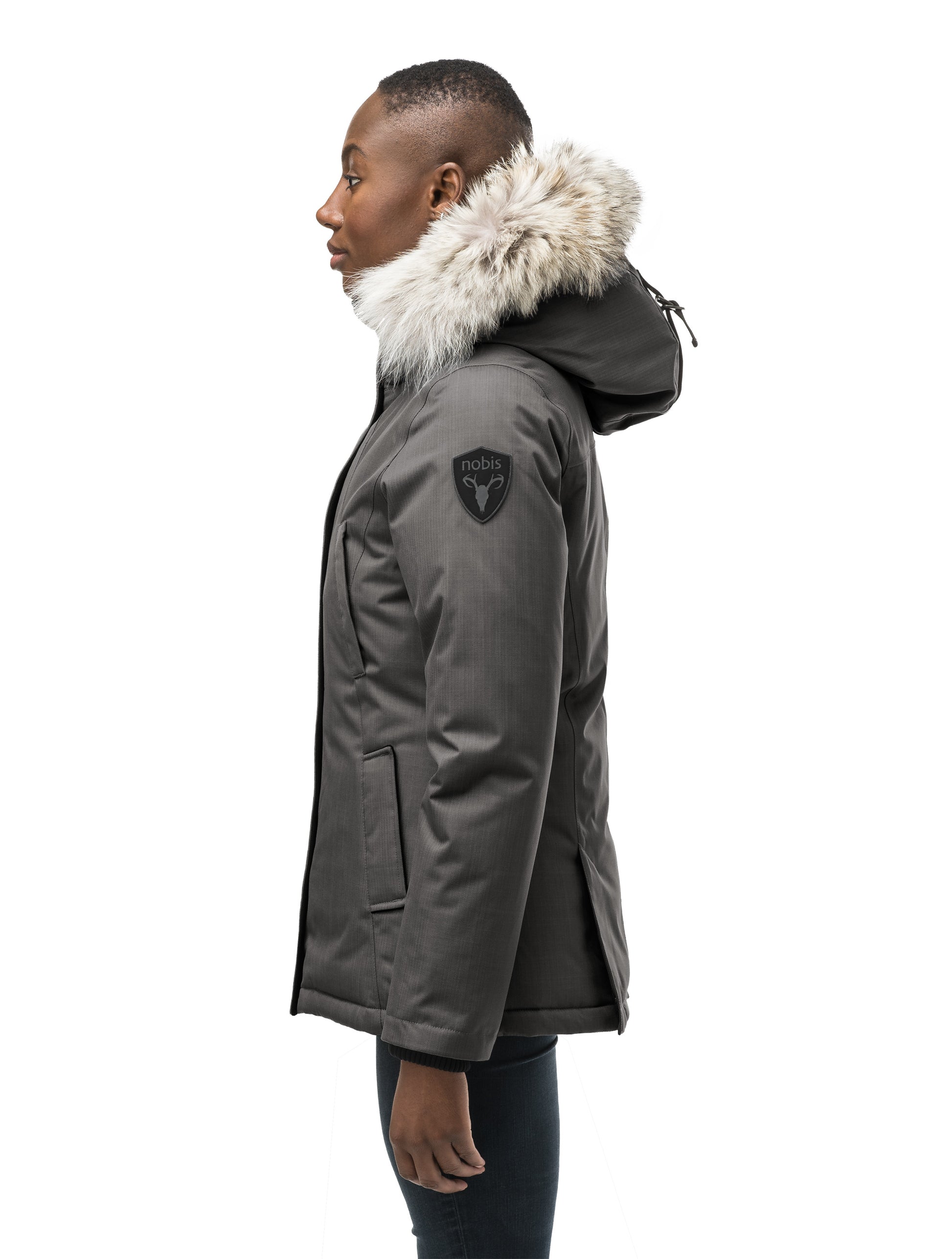 Women's hip length down filled parka in CH Steel Grey