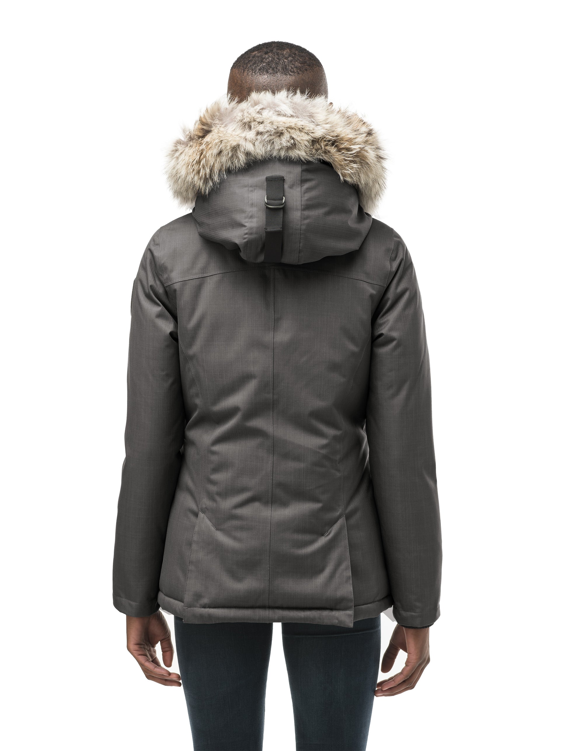 Women's hip length down filled parka in CH Steel Grey