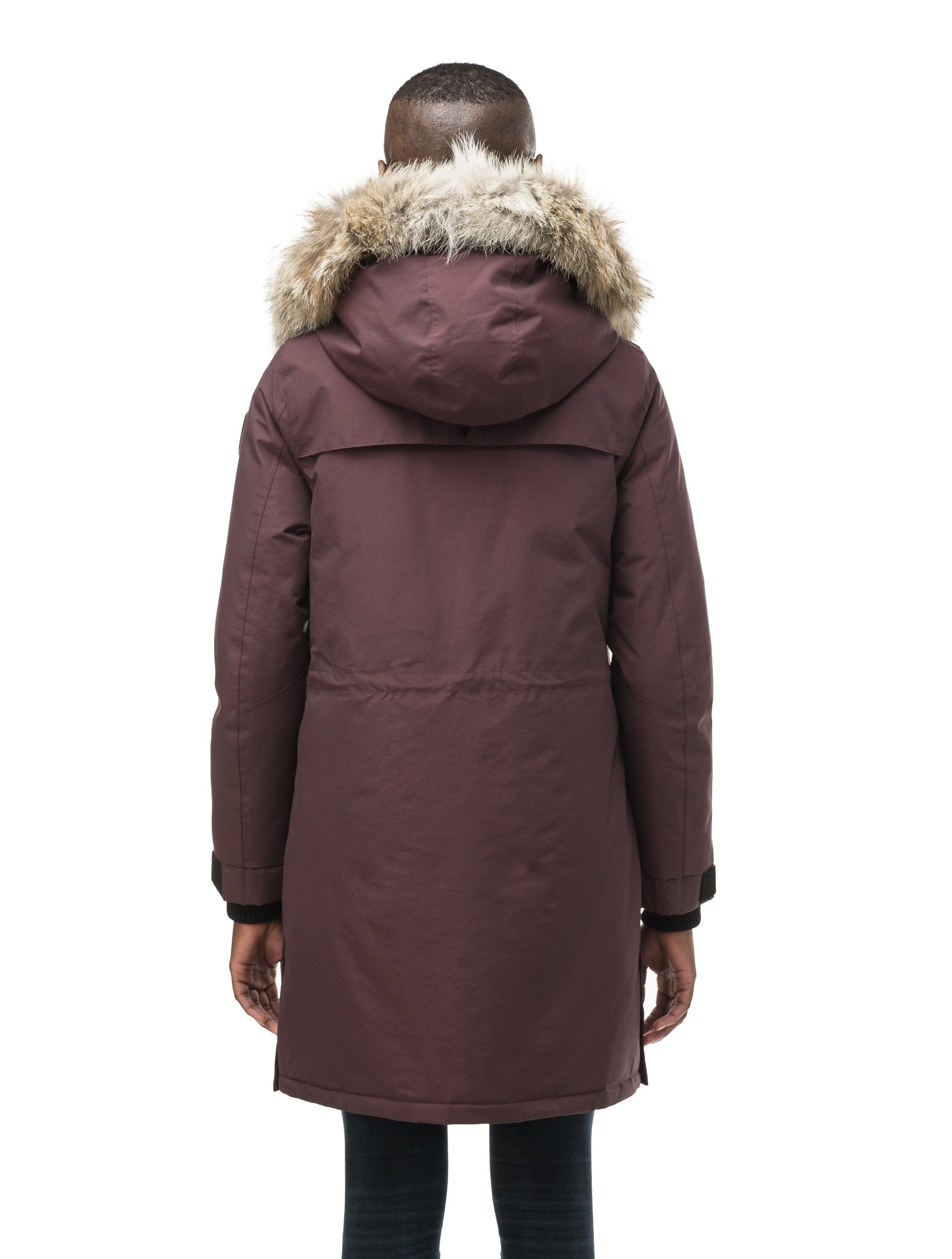 Women's knee length down filled parka with two chest patch pockets and two waist patch pockets in Burgundy