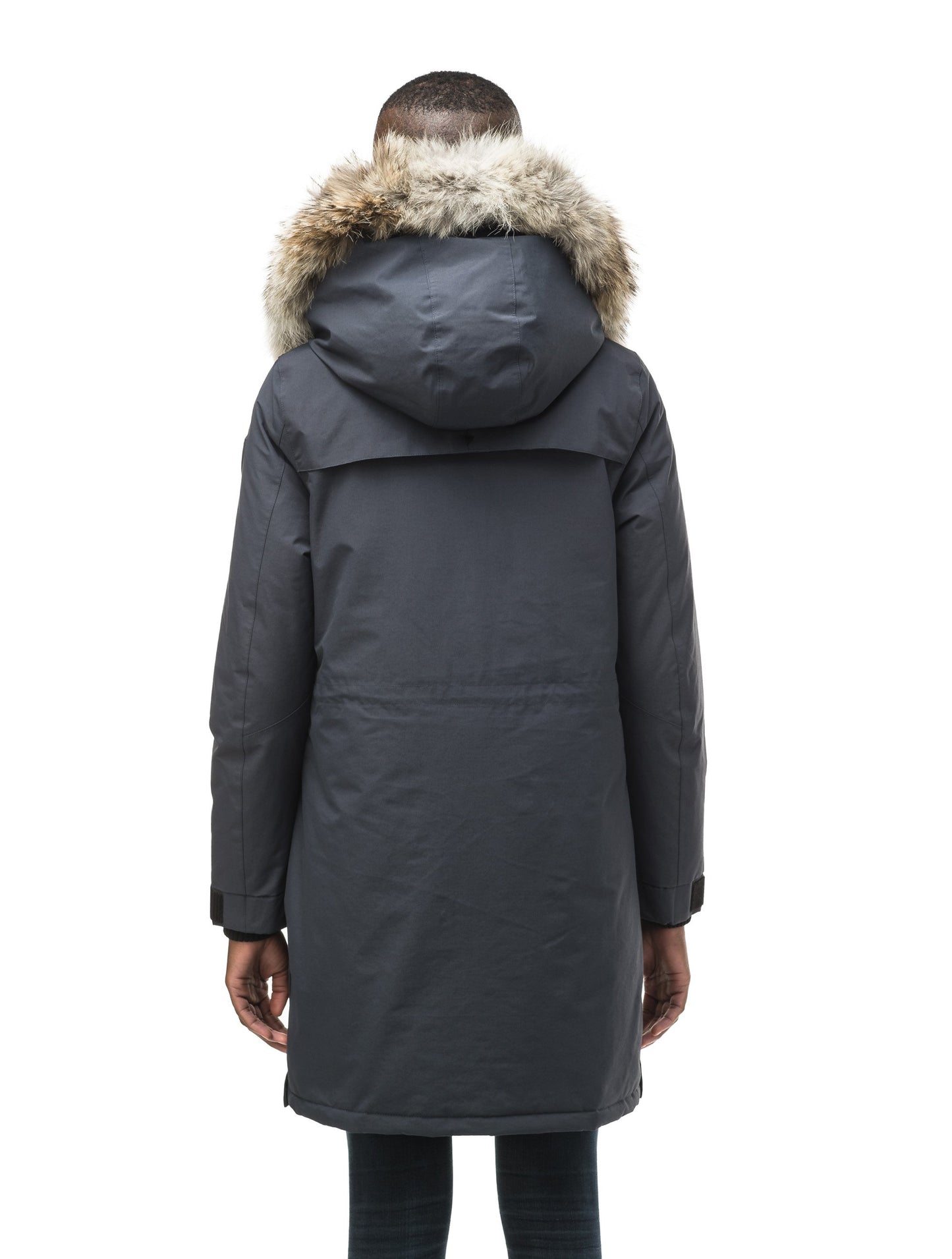 Women's knee length down filled parka with two chest patch pockets and two waist patch pockets in Navy