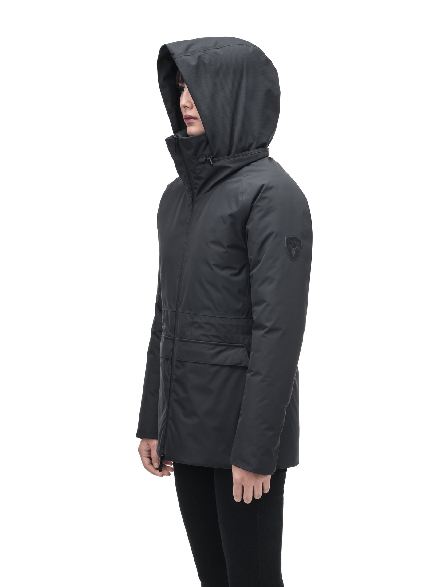 Litho Ladies Short Parka in hip length, Canadian duck down insulation, tuckable waterproof hood, and two-way zipper, in Black