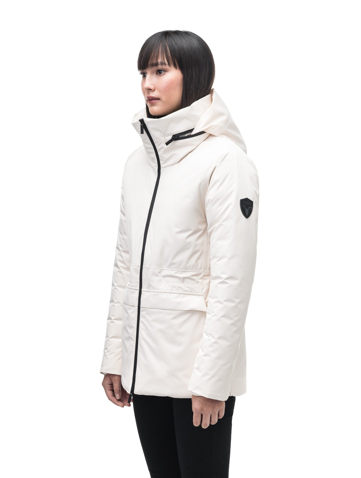 Litho Ladies Short Parka in hip length, Canadian duck down insulation, tuckable waterproof hood, and two-way zipper, in Wheat