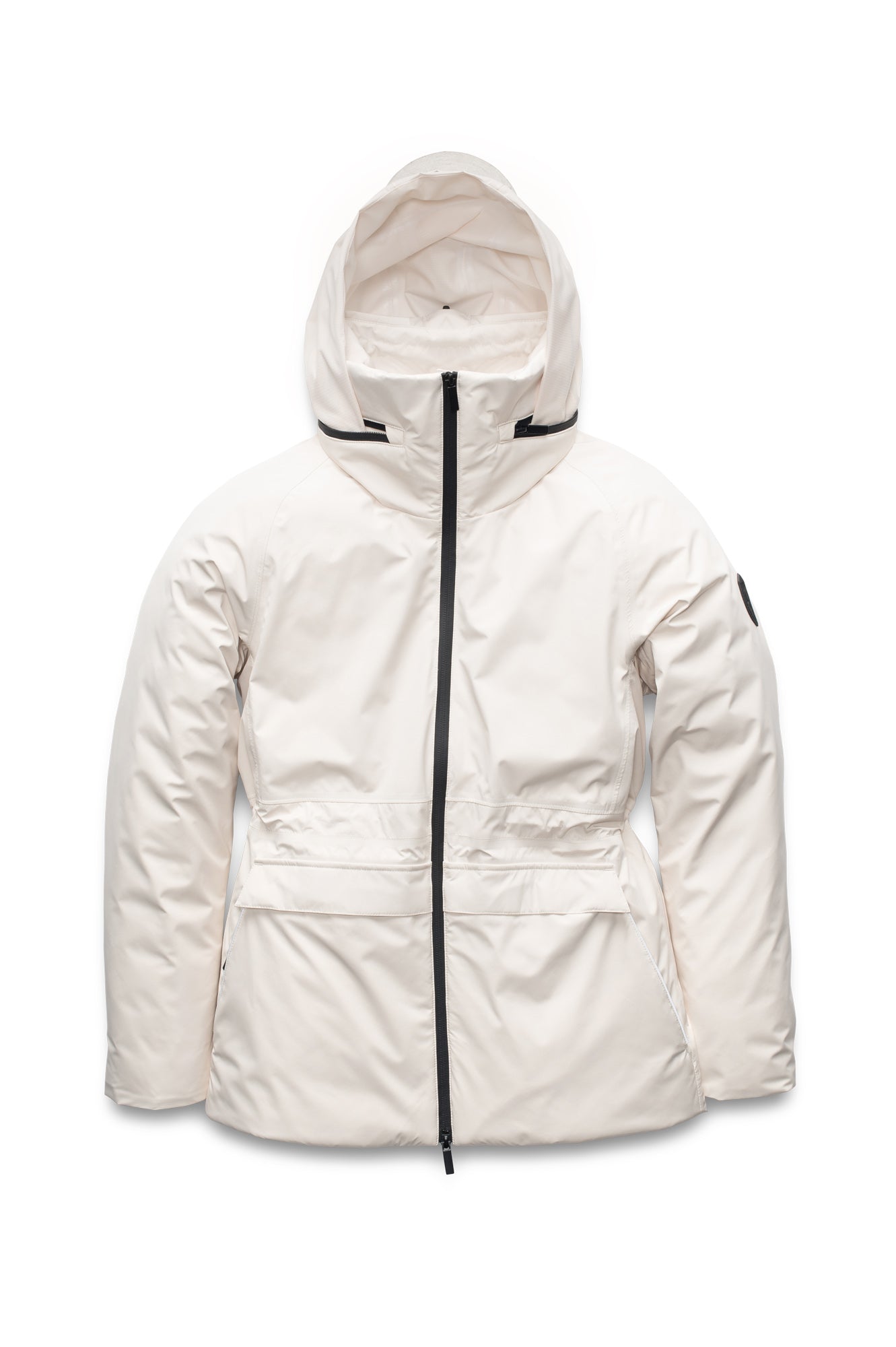 Litho Ladies Short Parka in hip length, Canadian duck down insulation, tuckable waterproof hood, and two-way zipper, in Wheat