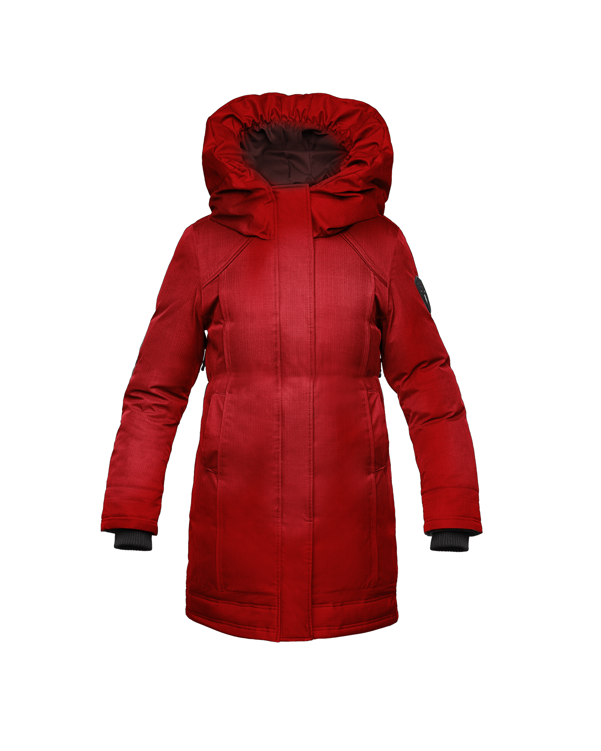 Kid's knee length down coat with fur free hood in Red