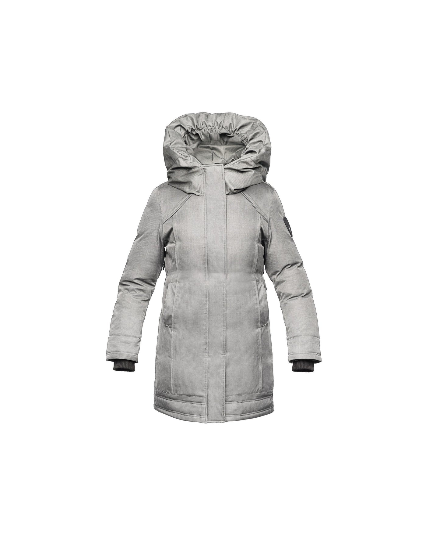 Kid's knee length down coat with fur free hood in Light Grey