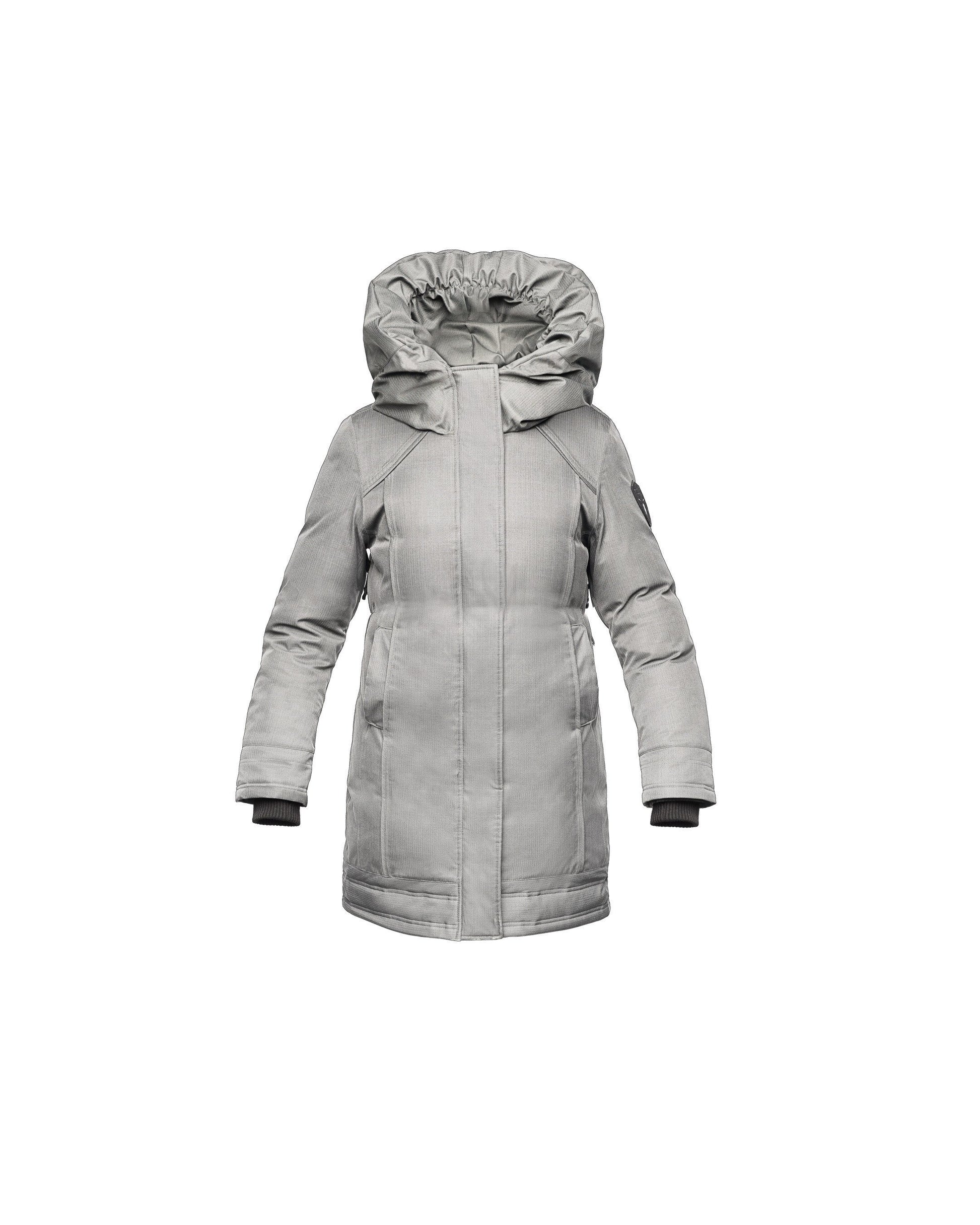 Kid's knee length down coat with fur free hood in Light Grey