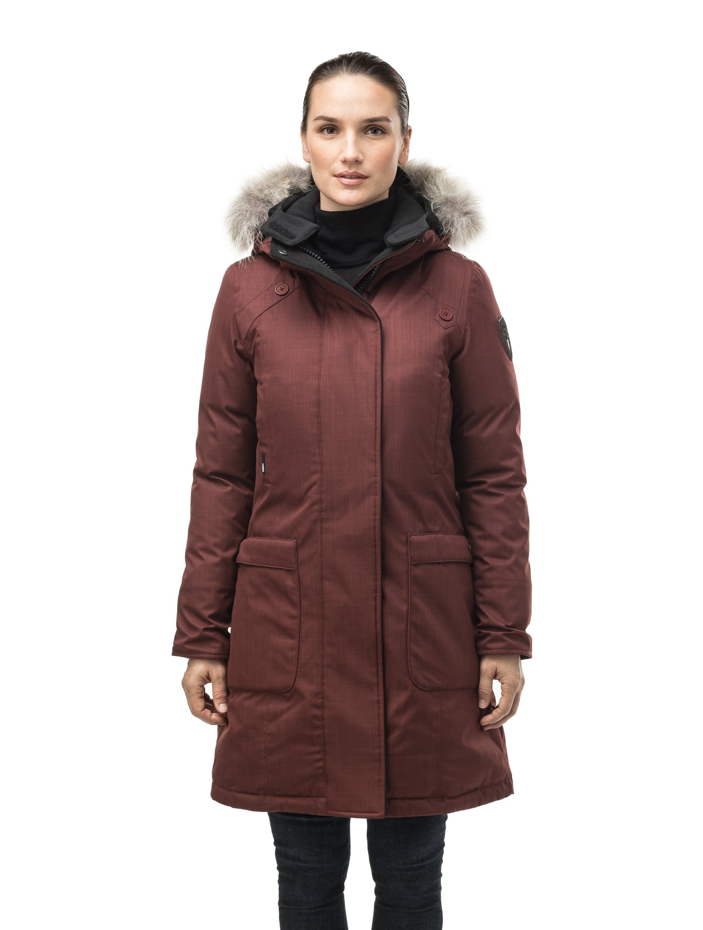 Best selling women's down filled knee length parka with removable down filled hood in CH Rum